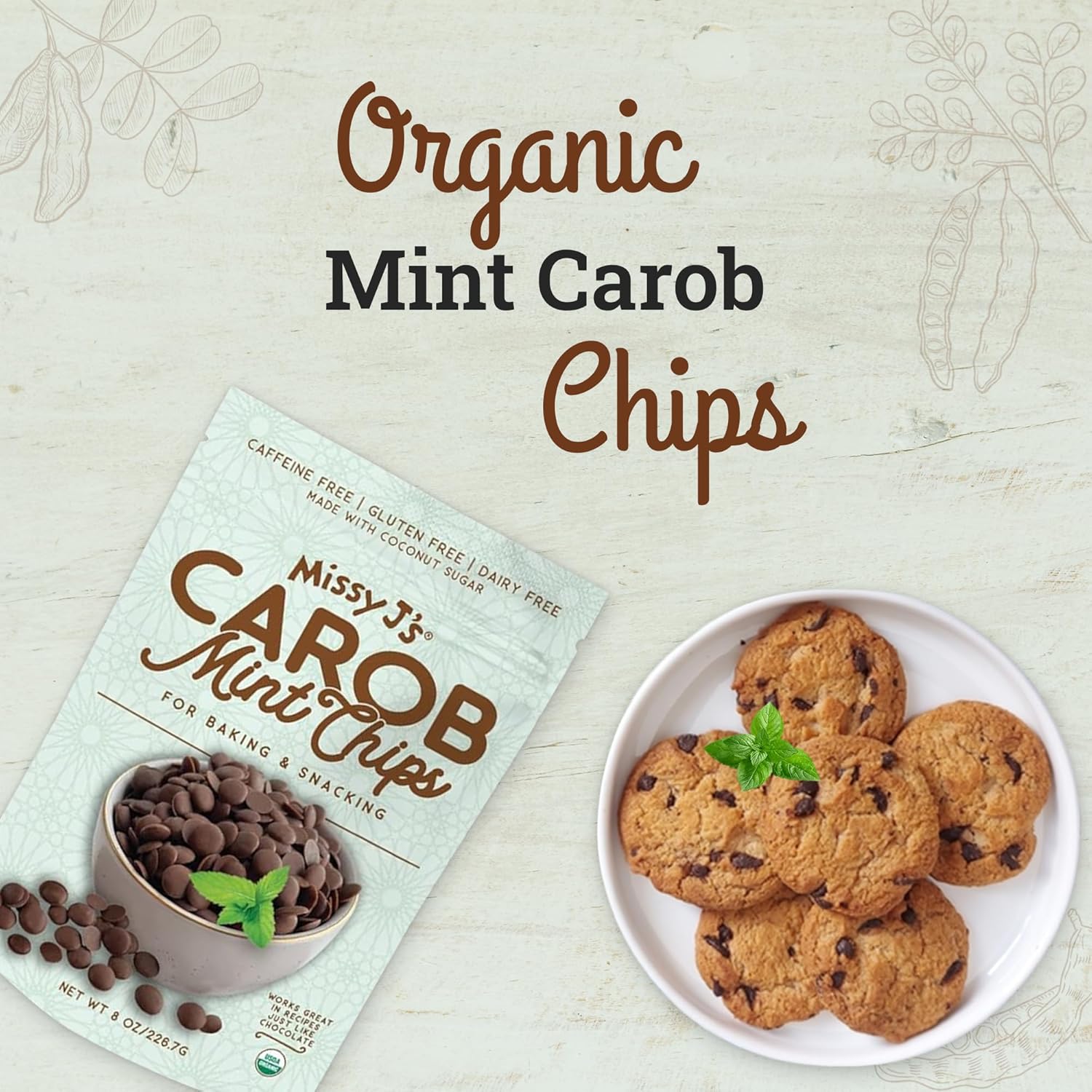 Missy J’s Chips de algarroba de menta orgánica de 8 onzas, hechas con azúcar de coco, vegano, sin gluten y cafeína, sustituto saludable del