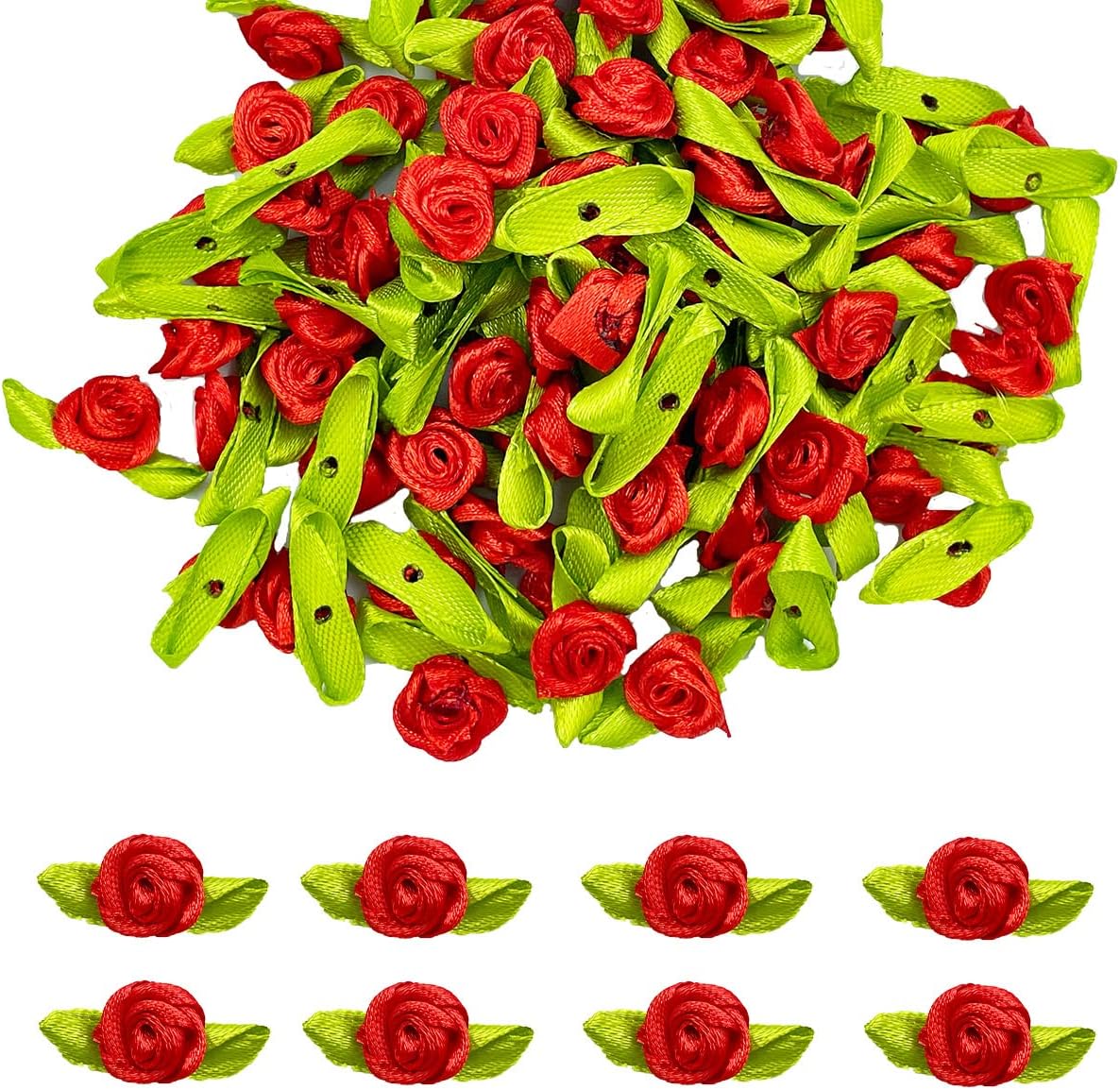 Mini rosas de cinta, 100 flores de tela artificial con hojas verdes, rosetas rojas, mini rosas de cinta para manualidades, costura, manualidades,