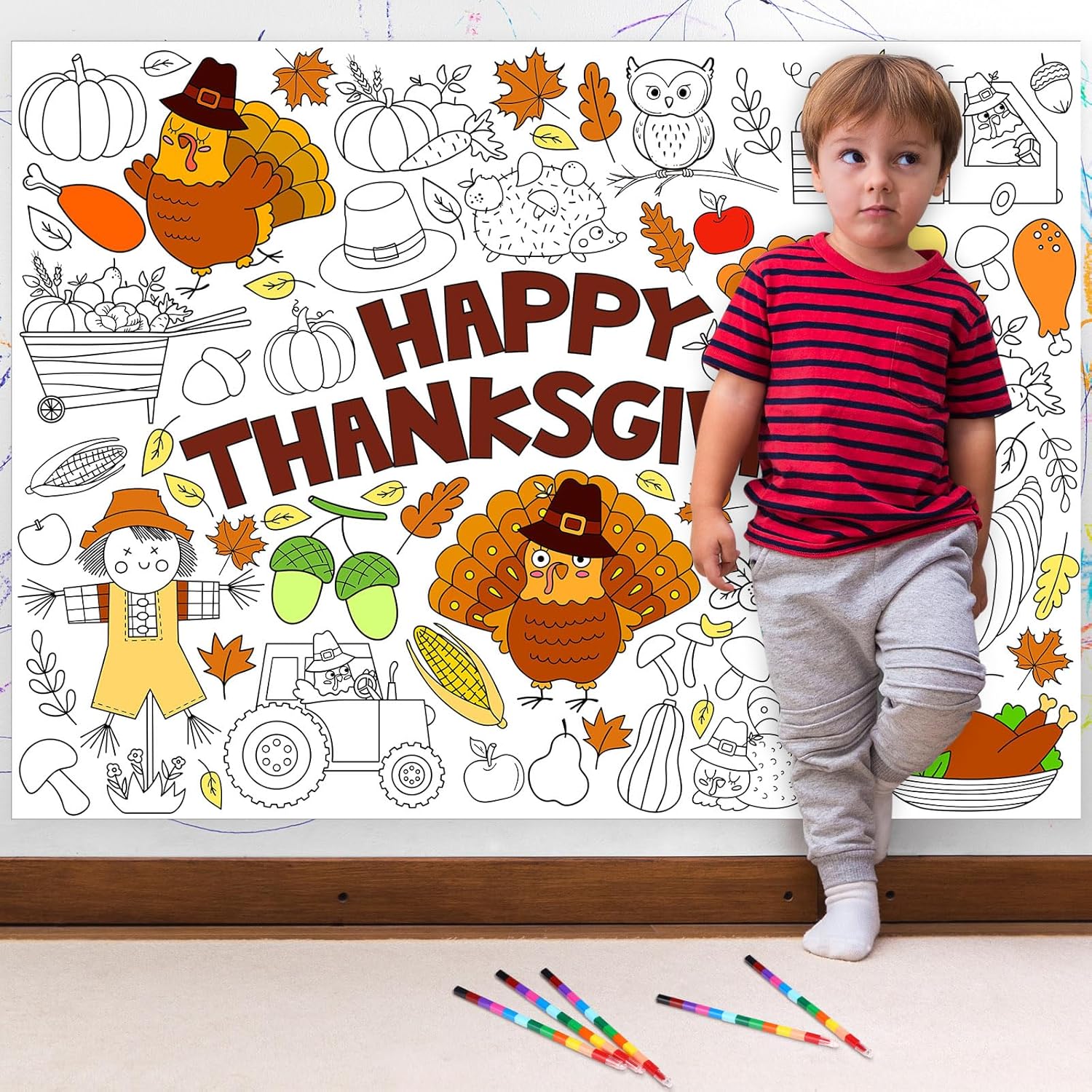 Póster gigante para colorear de Acción de Gracias con 6 crayones apilables, juego de recuerdos de fiesta de Acción de Gracias de calabaza grande,