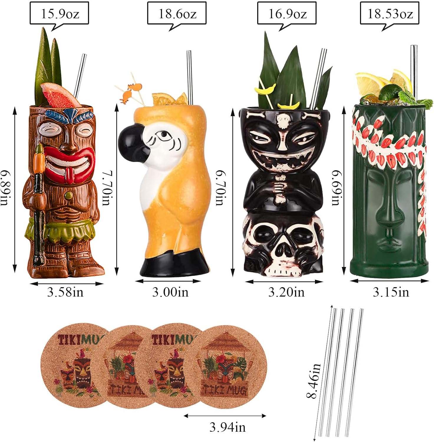 Juego de 4 tazas Tiki para cóctel, vasos Tiki de cerámica con pajitas y posavasos. Vasos de cóctel exóticos para fiesta hawaiana, vasos tropicales