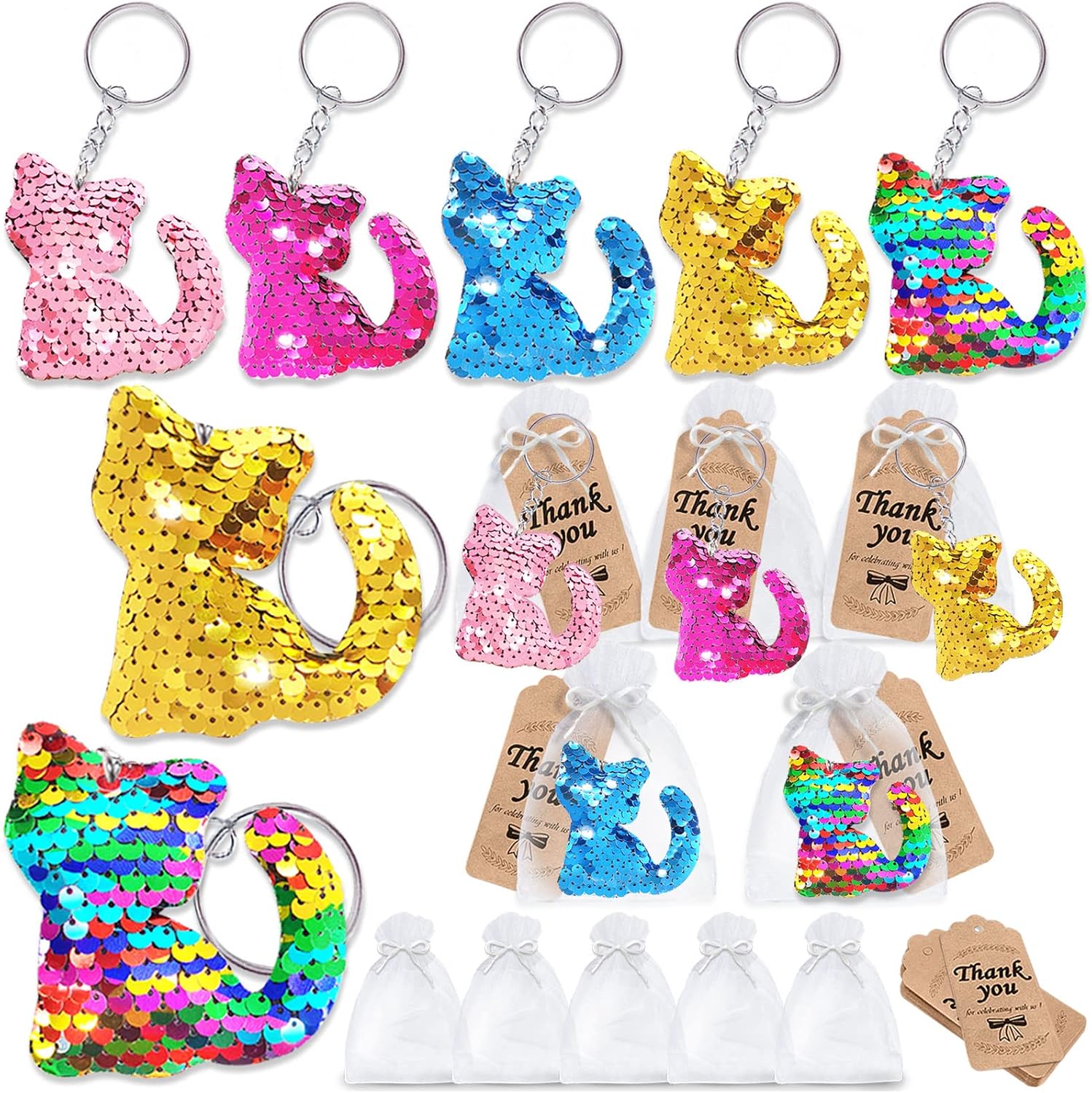CiciBear Juego de 60 llaveros de lentejuelas con 20 llaveros de gato, 20 etiquetas de agradecimiento y 20 bolsas de regalo para recuerdos de fiesta