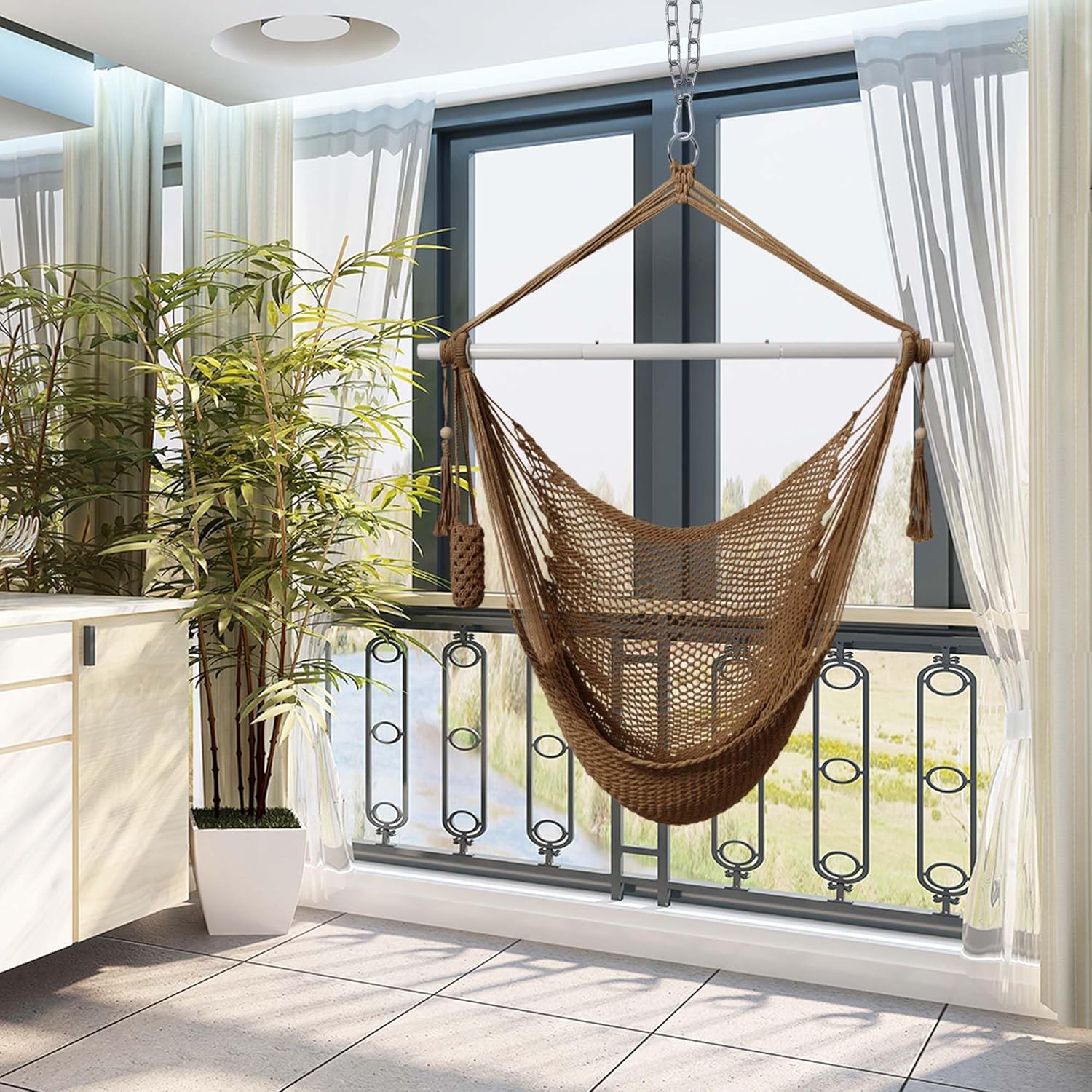 Lazy Daze – Silla tipo hamaca estilo caribeño silla columpio de cuerda colgante caribeña, barra separadora de acero extraíble de 40 pulgadas con