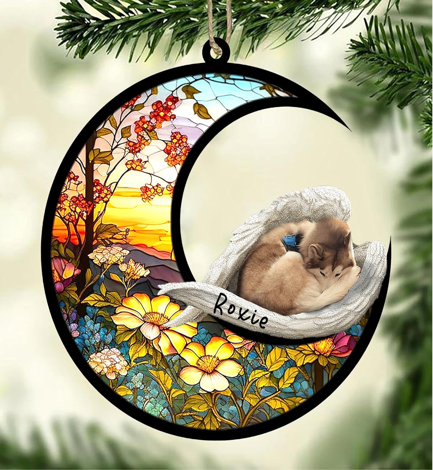 Husky personalizado – 1 Atrapasoles conmemorativo para perros, husky bronceado y blanco_1 adorno de Navidad con nombre, atrapasueños de mascotas,
