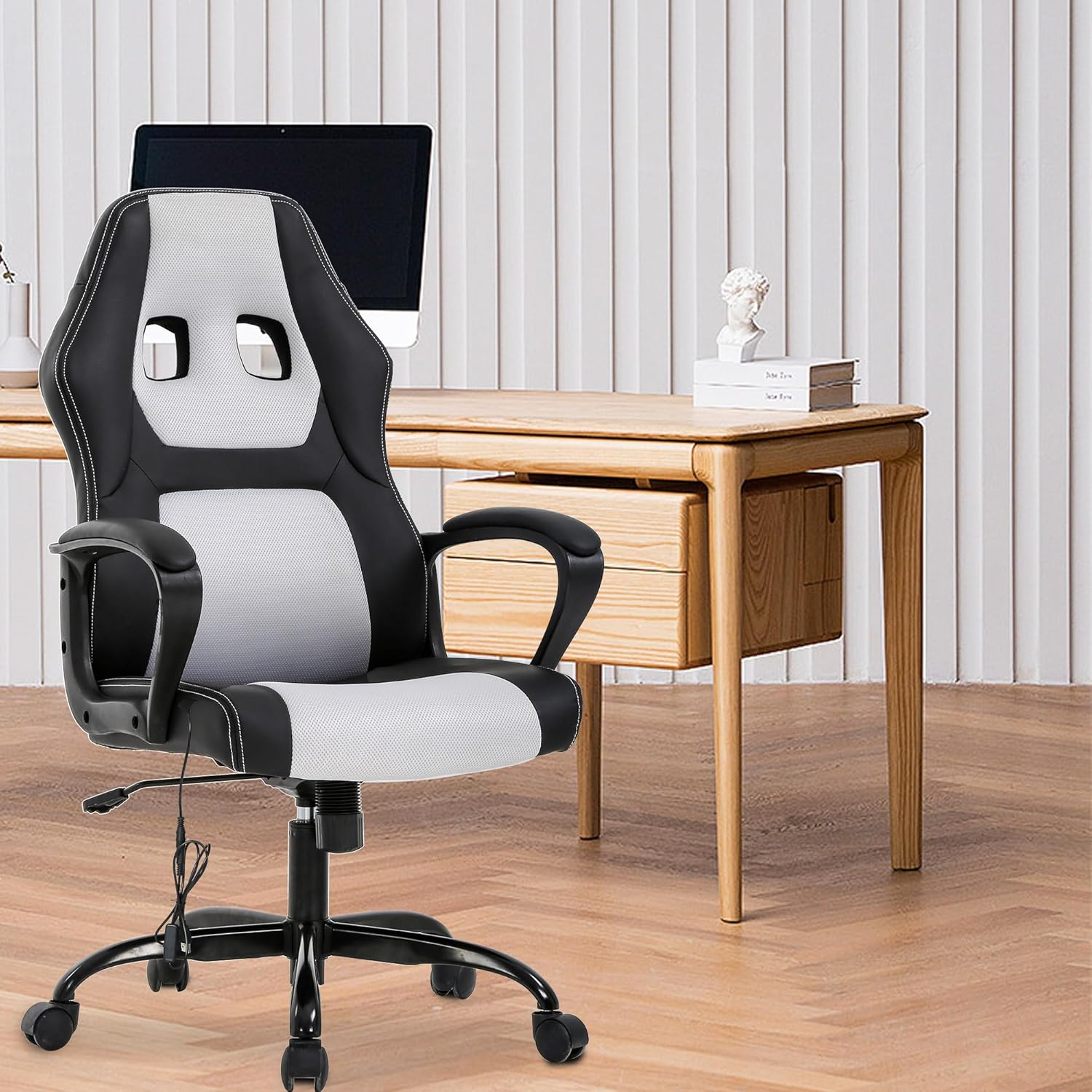 PayLessHere Silla de oficina para videojuegos, soporte ajustable ergonómico de piel sintética, silla de masaje lumbar para carreras, reposacabezas y