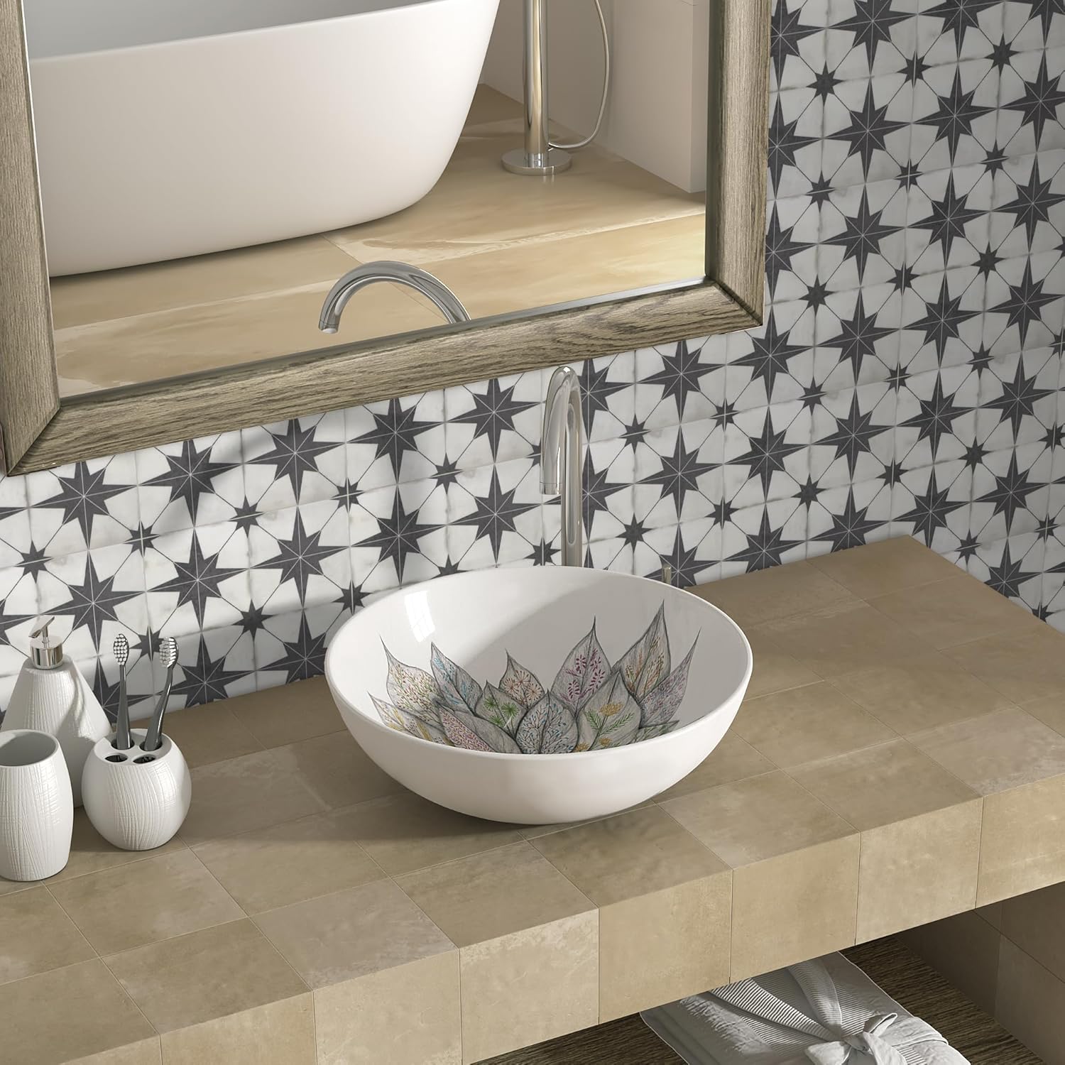 Azulejo de suelo y pared para baño y cocina. Azulejo autoadhesivo de vinilo SPC. Azulejo de salpicaduras de lechada con patrón encáustico de