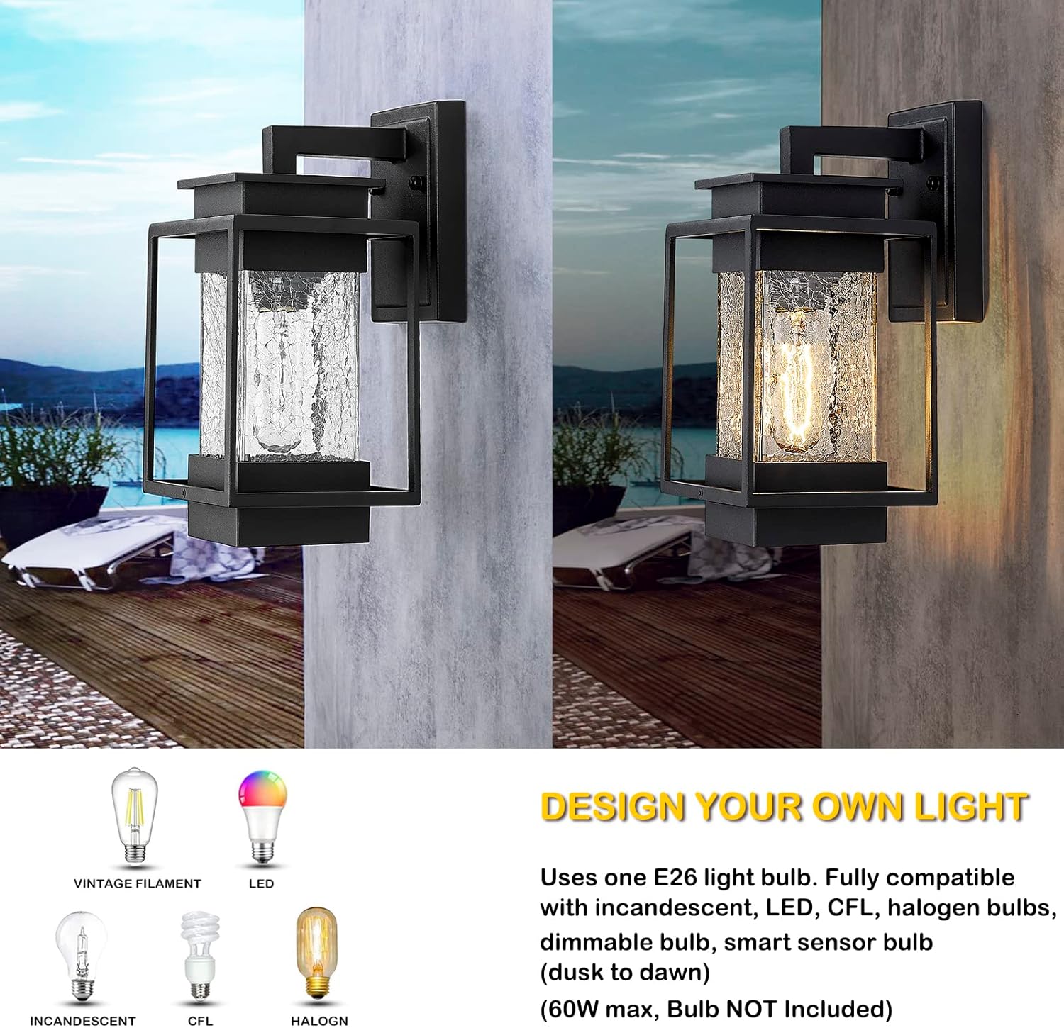 Juego de 3 luces para exteriores, juego de 3 luces a juego, luz de pared al aire libre, luces colgantes para porche al aire libre con cristal