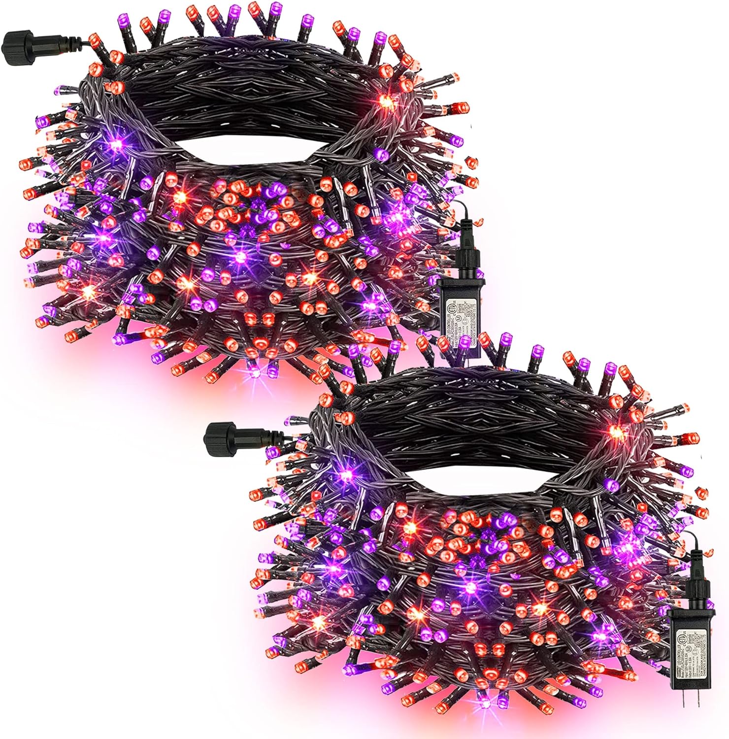 Paquete de 2 luces de Halloween naranjas y púrpuras, 200 luces LED, 66 pies, enchufe con 8 modos, luces de Halloween impermeables para exteriores,