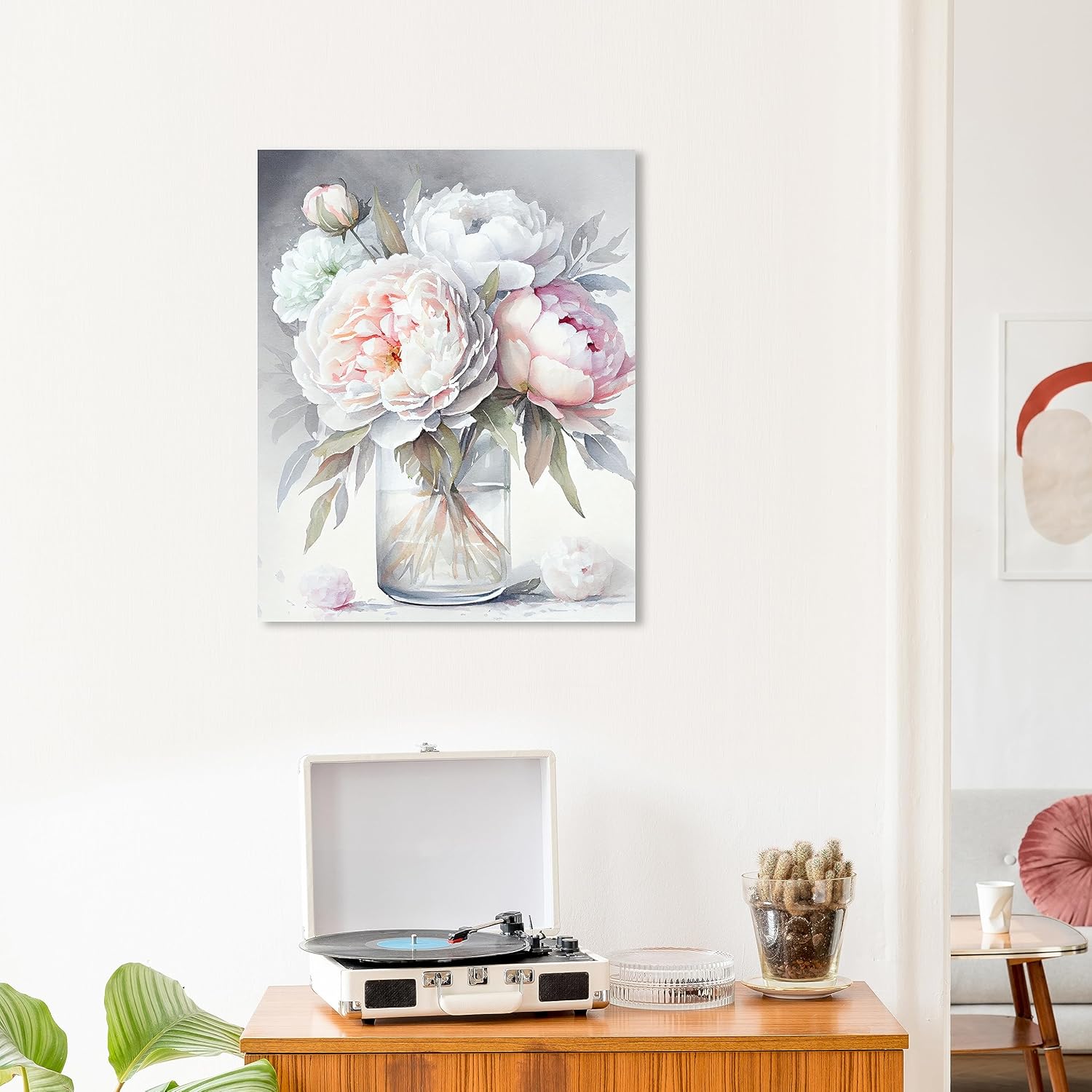 Wynwood Studio Arte en lienzo tradicional envuelto floral y botánico, florero de peonía, arte de pared para sala de estar, dormitorio y baño, 20 x