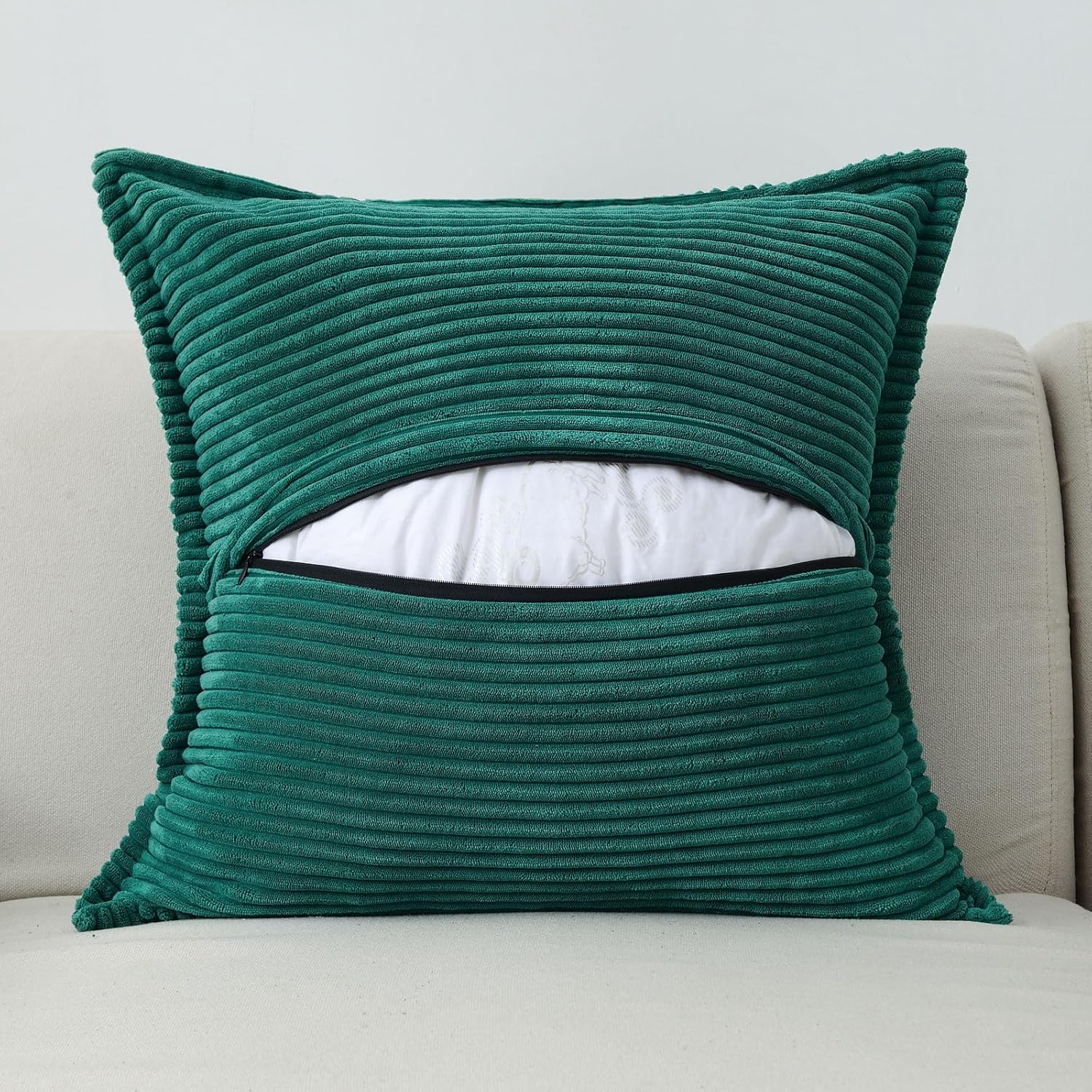 Juego de 2 fundas de almohada de 18 x 18 pulgadas, pana suave y sólida a rayas  borde ancho, fundas de cojín cuadradas decorativas, decoración de