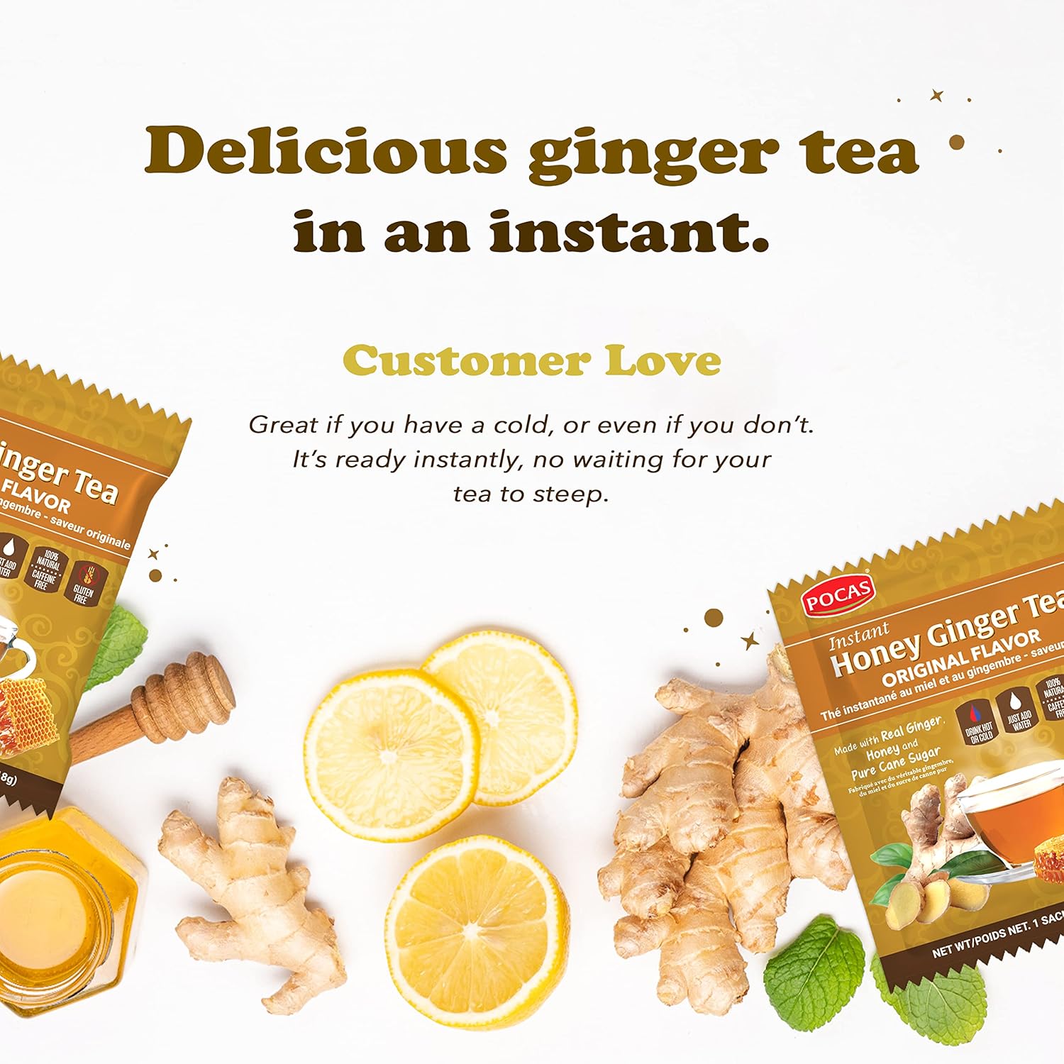 Pocas Honey Ginger Tea – Paquete variado de té instantáneo en polvo, té de cristales de miel de jengibre, sabores originales y canela, té sin OMG,