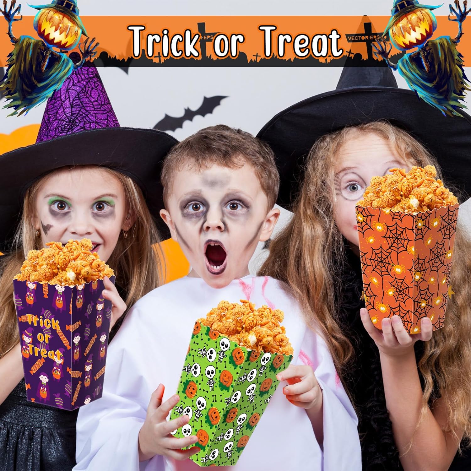 24 cajas de regalo de palomitas de maíz para fiestas temáticas de Halloween en 6 diseños, caja de golosinas para dulce o truco, contenedor de