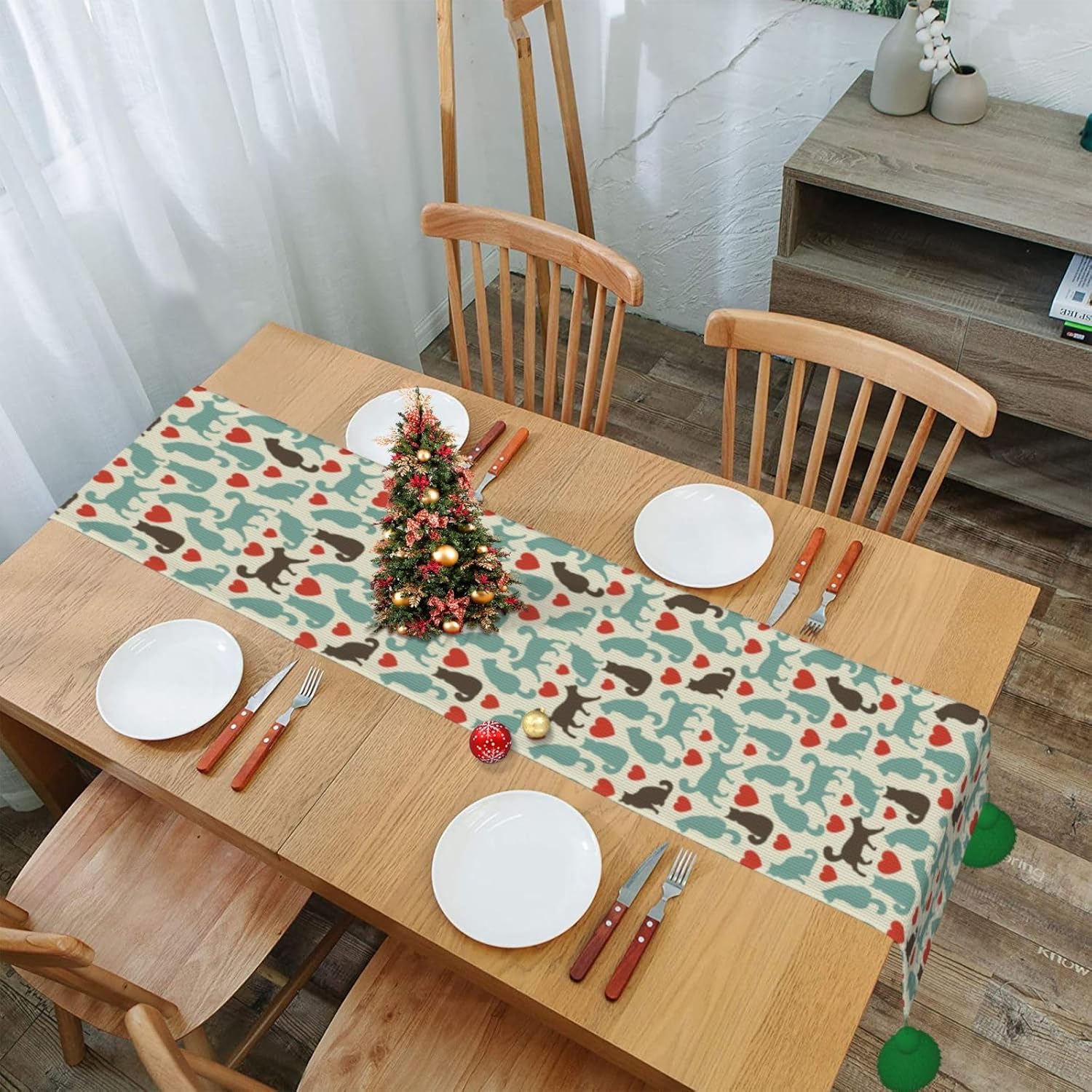 Camino de mesa de Navidad de gatitos marrones, verdes y corazón rojo, decoración de mesa de comedor, decoración de Navidad, decoración de interiores