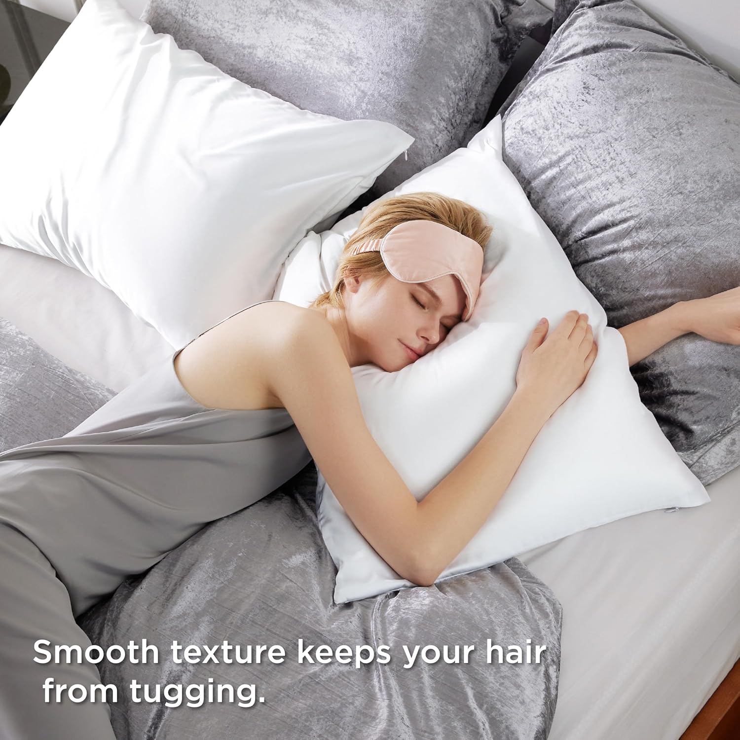 Bedsure Funda de almohada de satén sedoso para el cabello, fundas de almohada de satén blanco tamaño estándar con cremallera, paquete de 2 unidades,