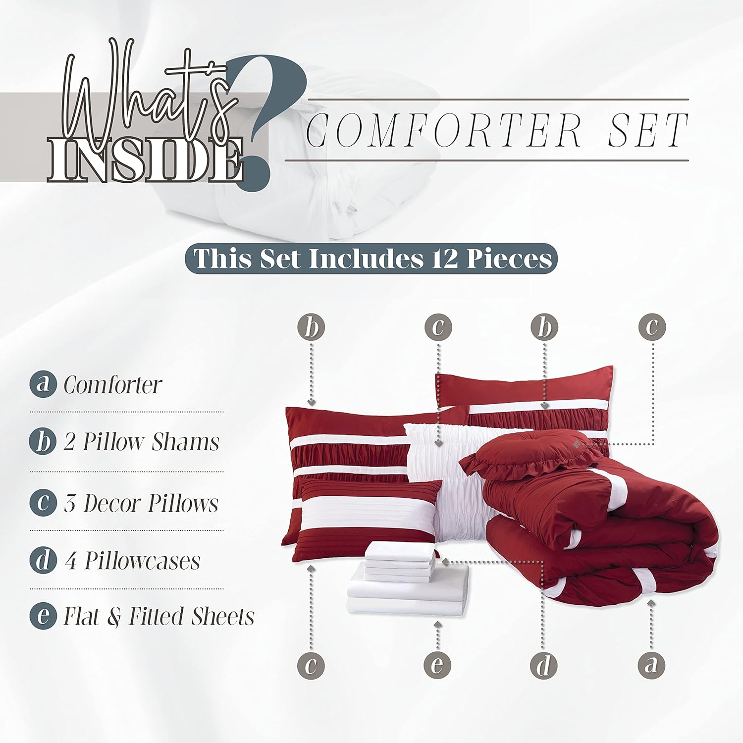 Elegant Comfort Isabella – Juego de edredón plisado con volantes de 12 piezas, juego de sábanas de 6 piezas con bolsillos inteligentes, almohadas