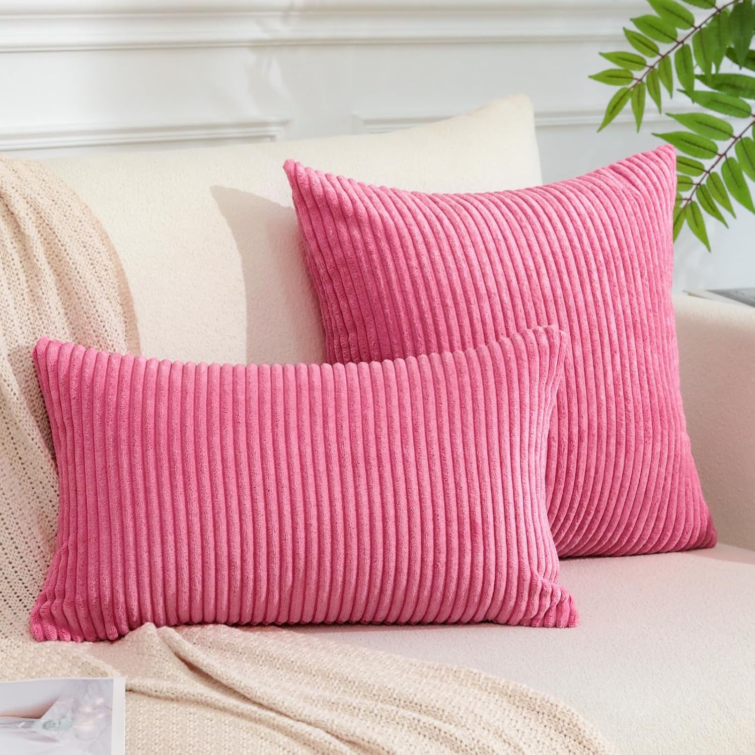 OTOSTAR Juego de 2 fundas de almohada decorativas de pana de 24 x 24 pulgadas, funda de cojín suave a rayas para decoración del hogar, casa rural,