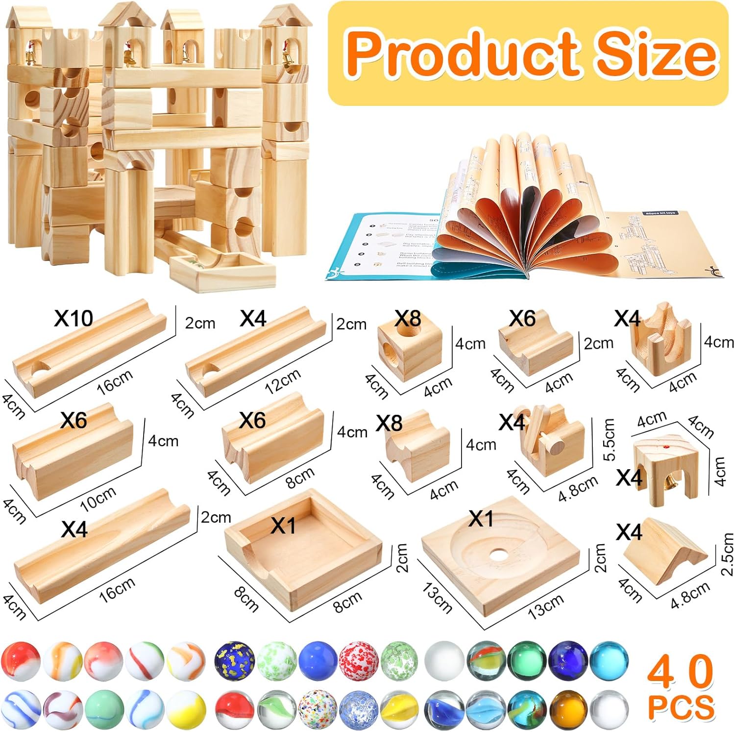 Gemscream Carrera de mármol de madera para niños de 4 a 8 años, 120 piezas de bloques de construcción de madera y juego de construcción y canicas de