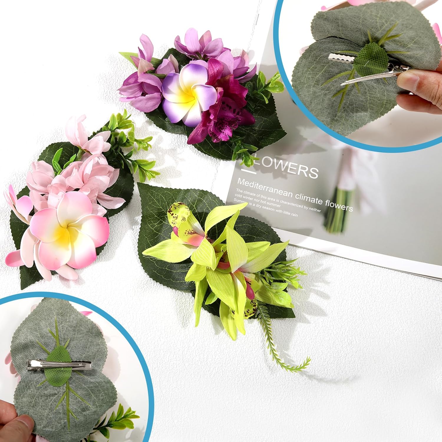 HAIMEIKANG 3 pinzas para el cabello de flores hawaianas, horquillas artificiales tropicales para el cabello, flores grandes para mujeres, accesorios