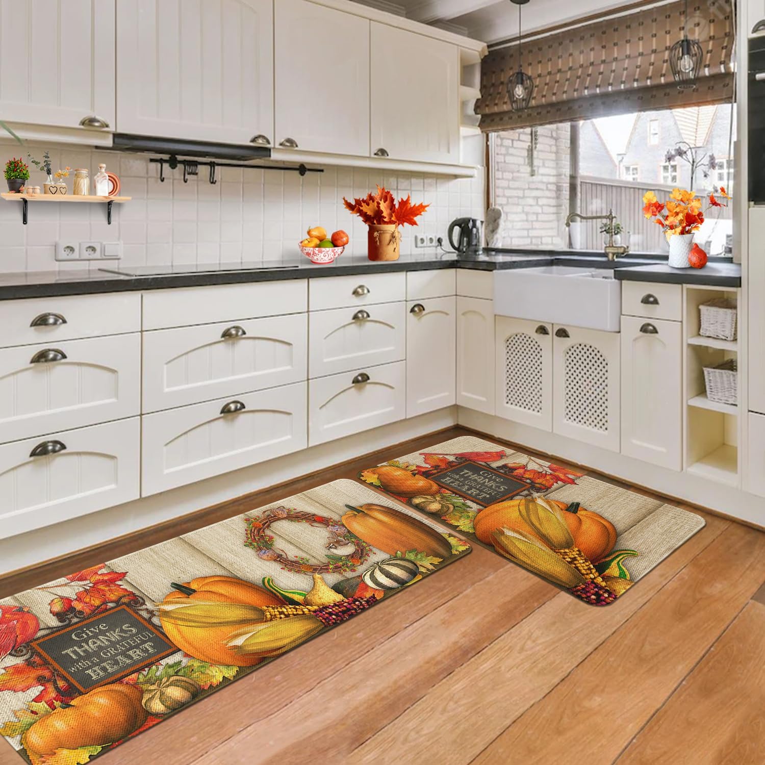 Juego de 2 alfombras y tapetes de cocina con diseño de calabaza otoñal, dar gracias con un corazón agradecido, tapetes de cocina lavables de