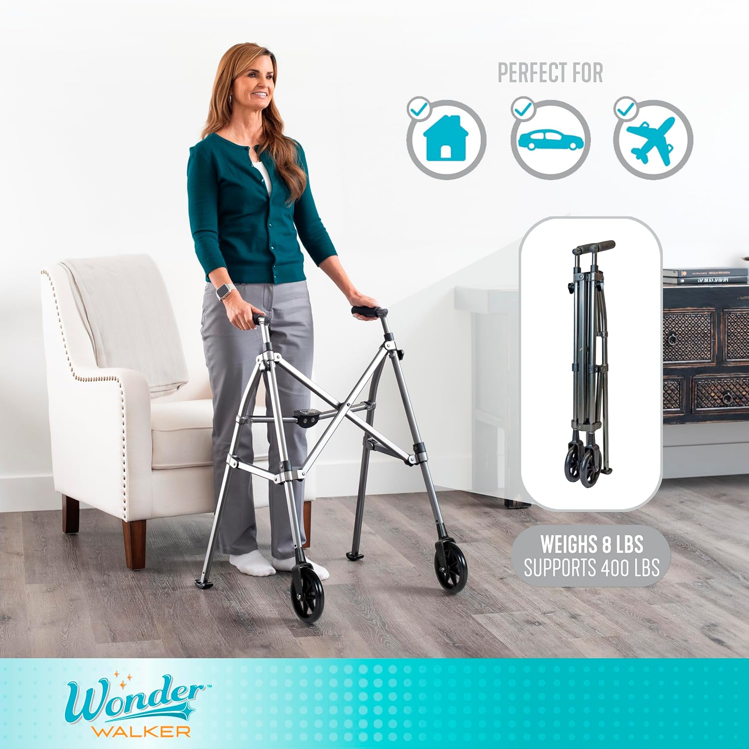 Stander Wonder Walker – Andador ligero y plegable que ahorra espacio para adultos, personas mayores y ancianos, andador de viaje compacto con ruedas