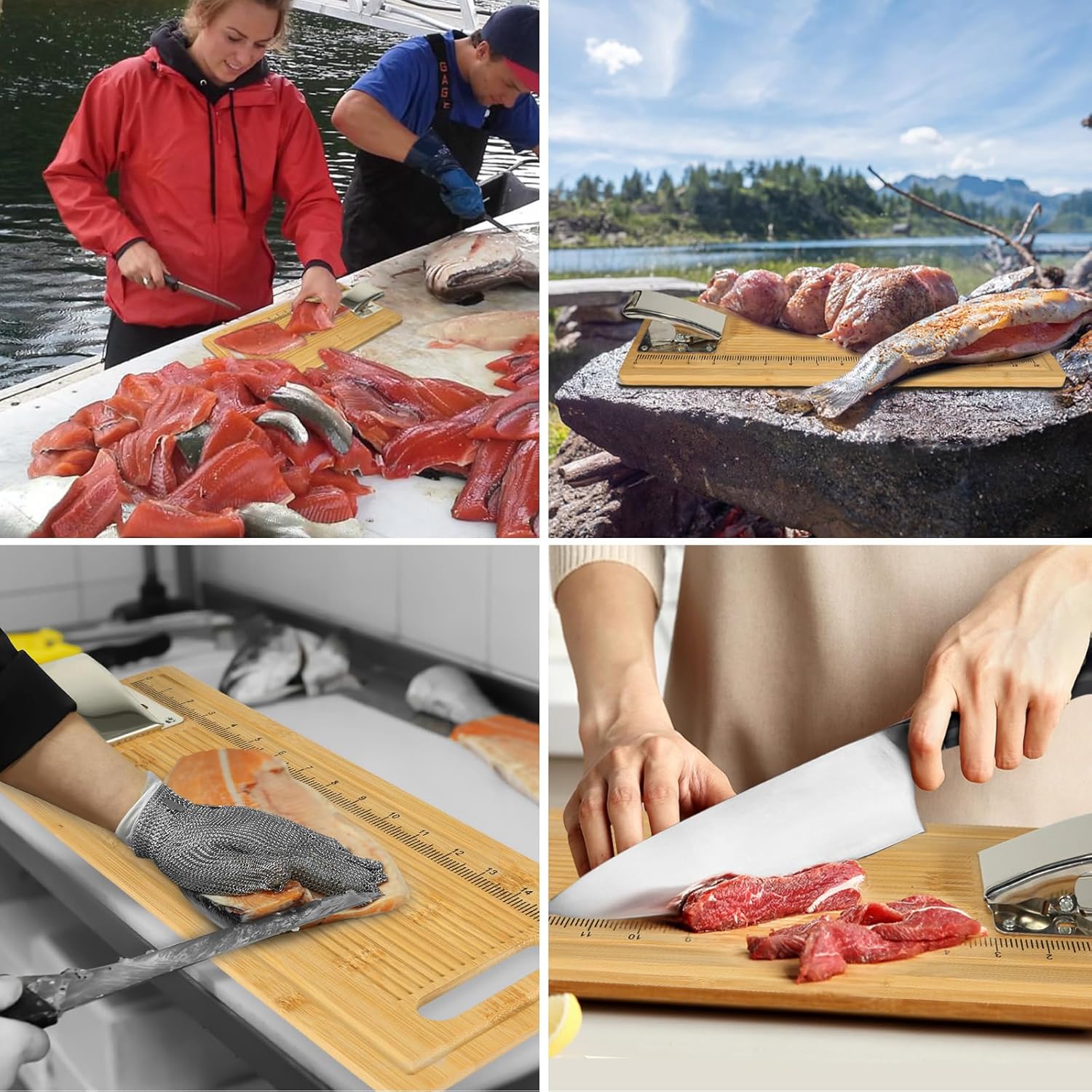 Tabla de limpieza de pescado, tabla de filete de pescado con abrazadera, cuchillo de filete y guantes, tabla de medición de pesca portátil de 18