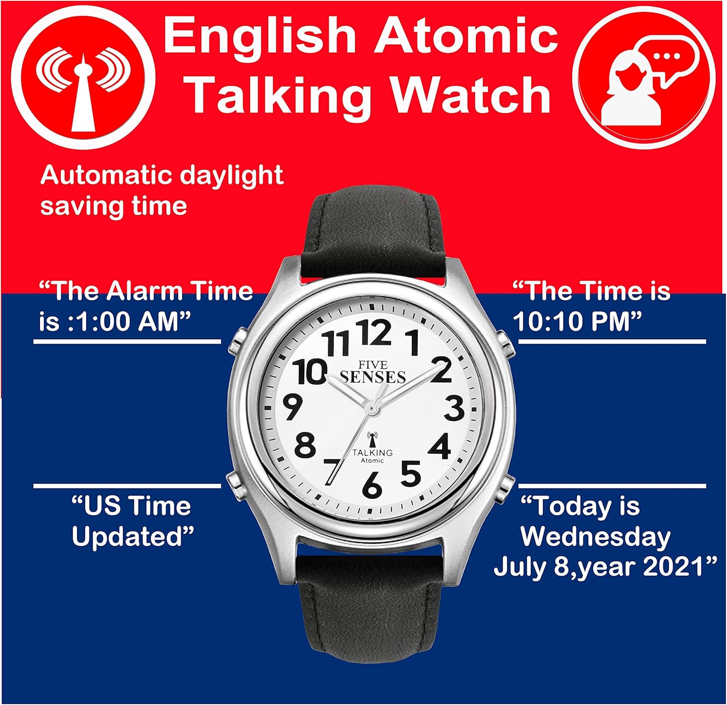 Five Senses Reloj de habla atómica inglesa para personas mayores con despertador más fuerte con discapacidad visual 1099, Moderno