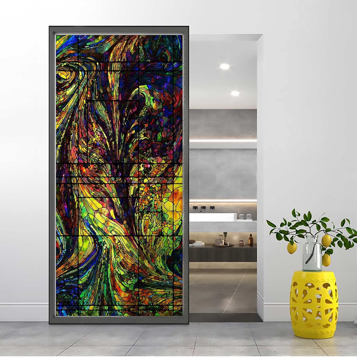 Lámina de vitrales para ventana, privacidad, abstracto, colorido, decorativo, esmerilado, sin pegamento, adherencia estática, 35.4 x 78.7 pulgadas