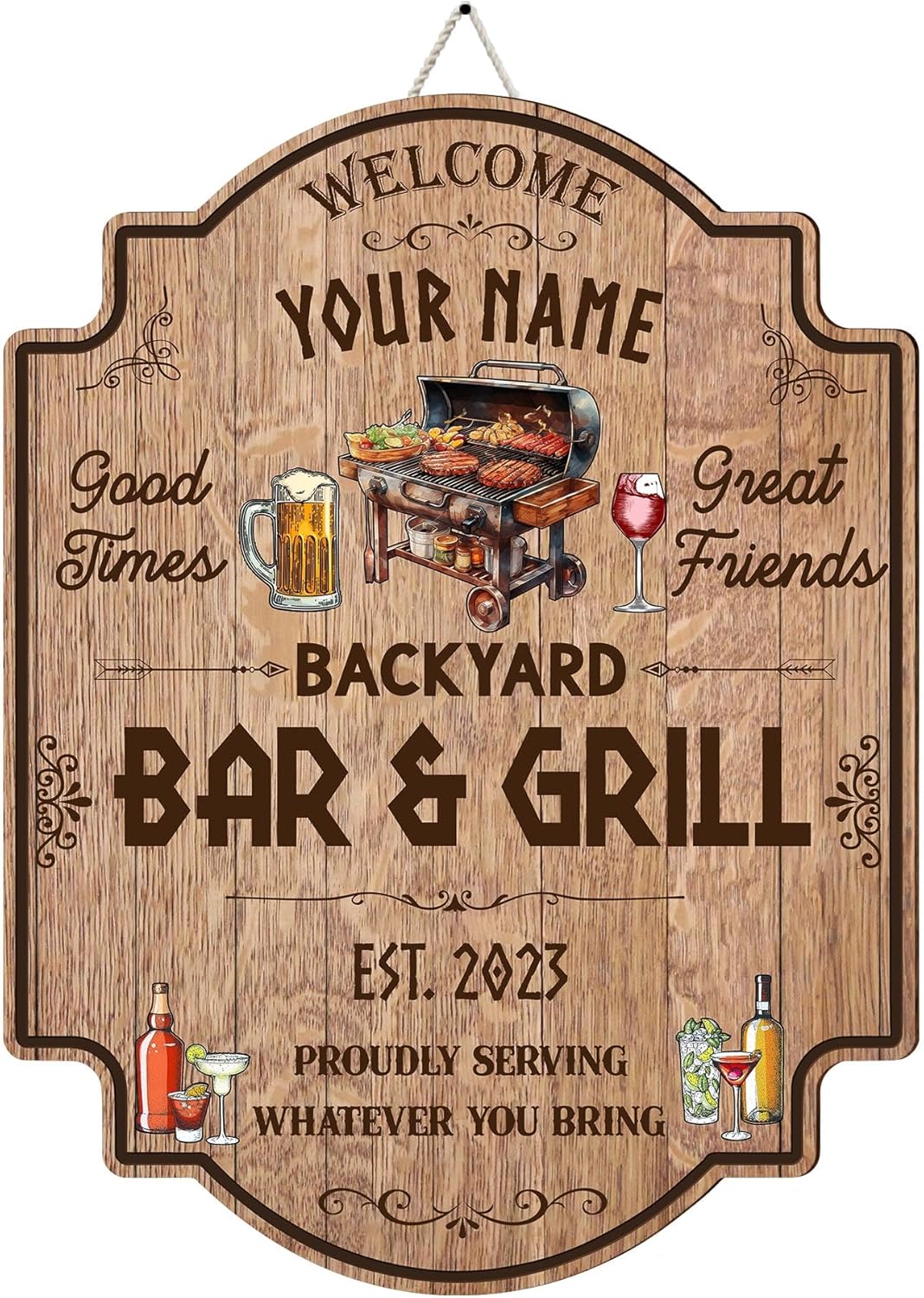 Artsy Woodsy Letrero personalizado para bar y parrilla en el patio trasero (no tallado o neón), decoración de placa artística de pared, accesorios