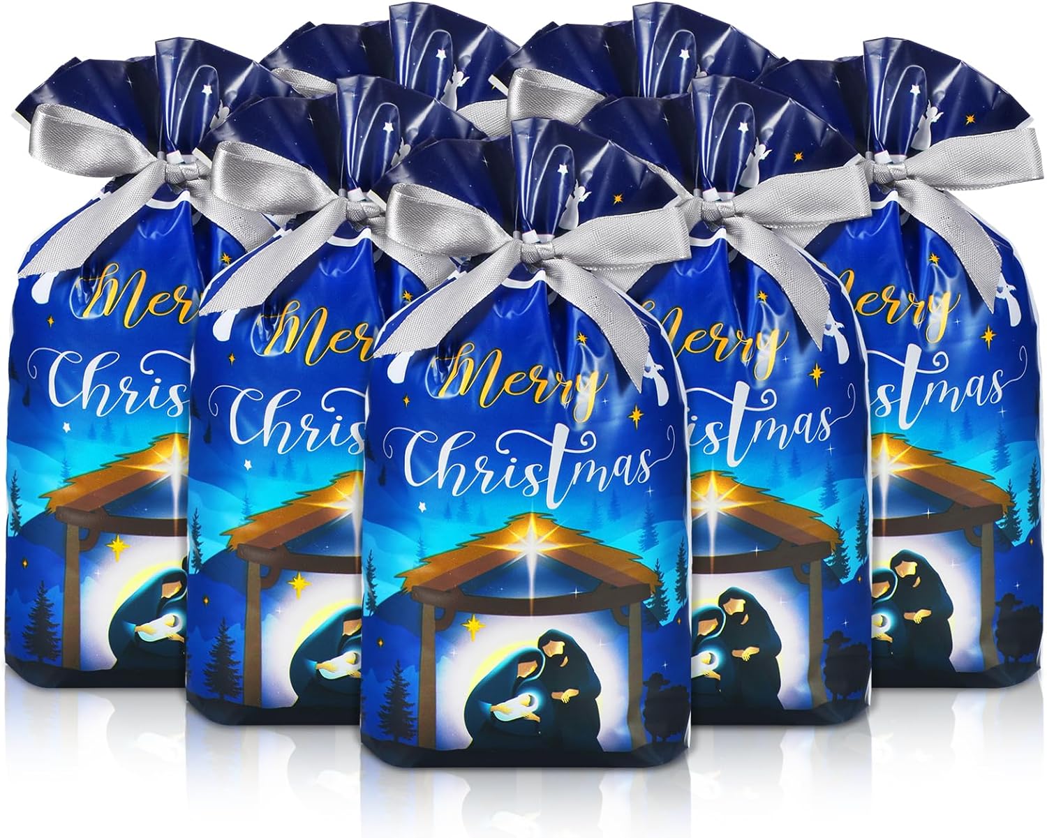 Funrous 50 bolsas de regalo de Navidad con cordón de Navidad, bolsas de plástico a granel religiosas con lazos, bolsas de regalo sagrado de Navidad