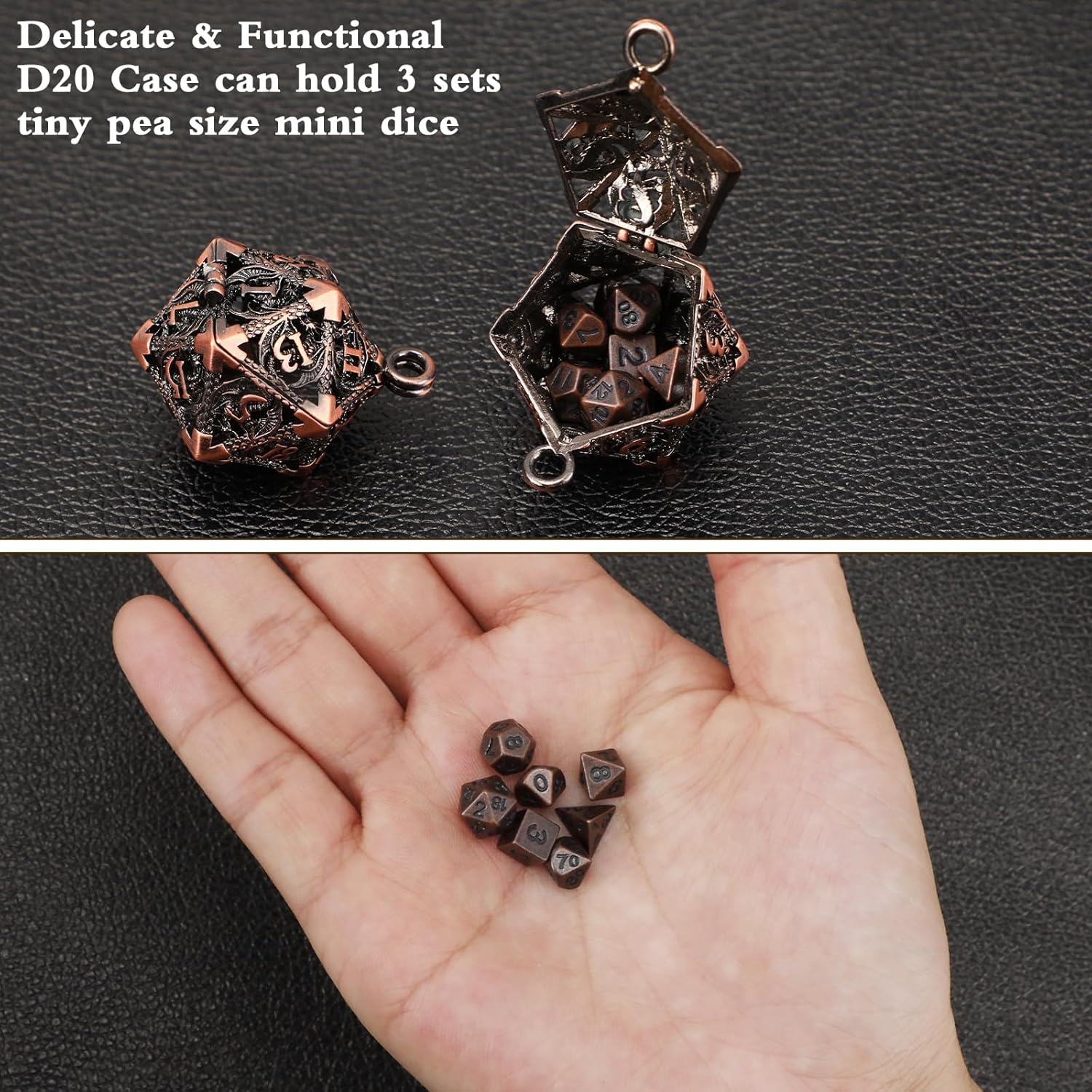 Syhood Juego de dados pequeños, 7 piezas de dados pequeños de metal, collar hueco D20, estuche de dados, llavero, juegos de mesa para juegos de rol,