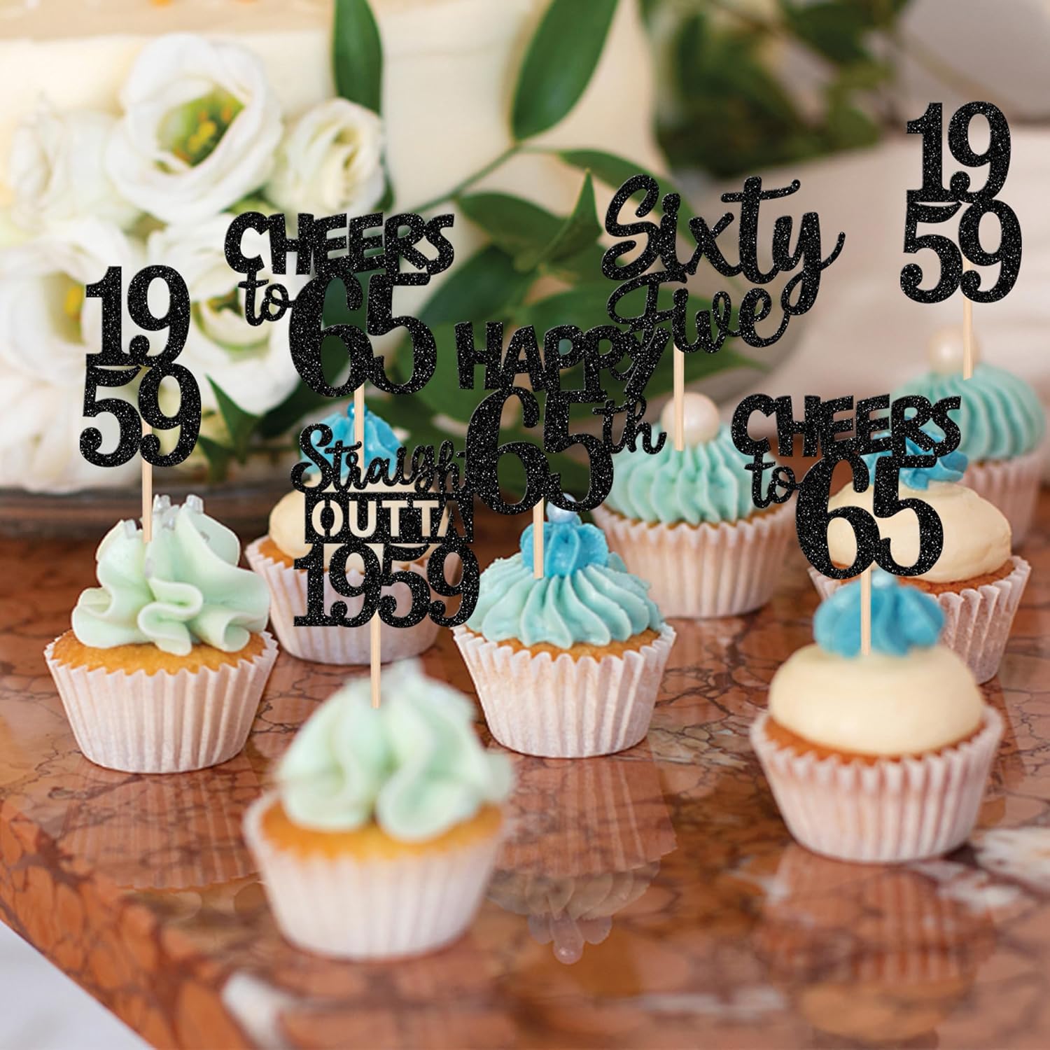 30 piezas negras para cupcakes de cumpleaños 65 con purpurina Sixty Five Happy 65th Straight Outta 1959 para magdalenas para saludos a 65 años 65