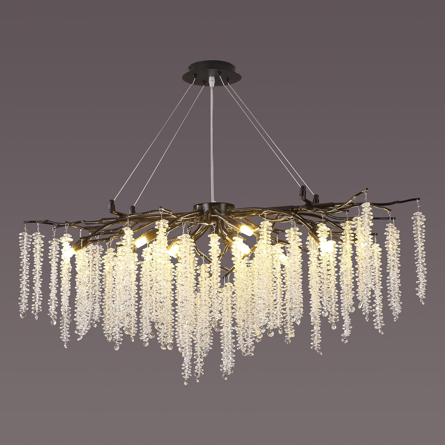 Candelabro moderno de ramas de árbol de cristal, color negro, de 42 pulgadas, estilo Art Deco, grande, rectangular, lineal, con gotas de lluvia para