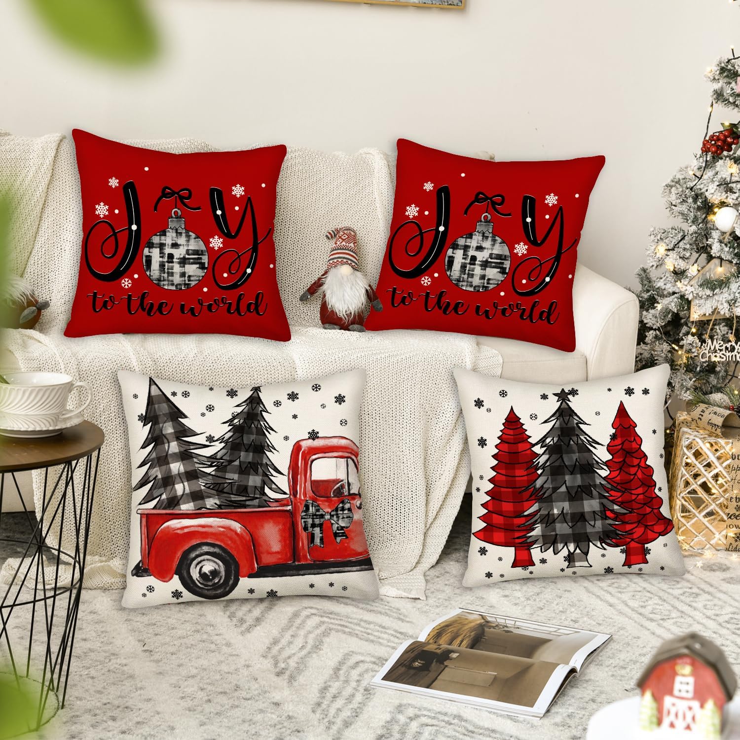 Juego de 4 fundas de almohada navideñas de 20 x 20 pulgadas, diseño de búfalo a cuadros de pino de Navidad, camión, copo de nieve, feliz alegría,