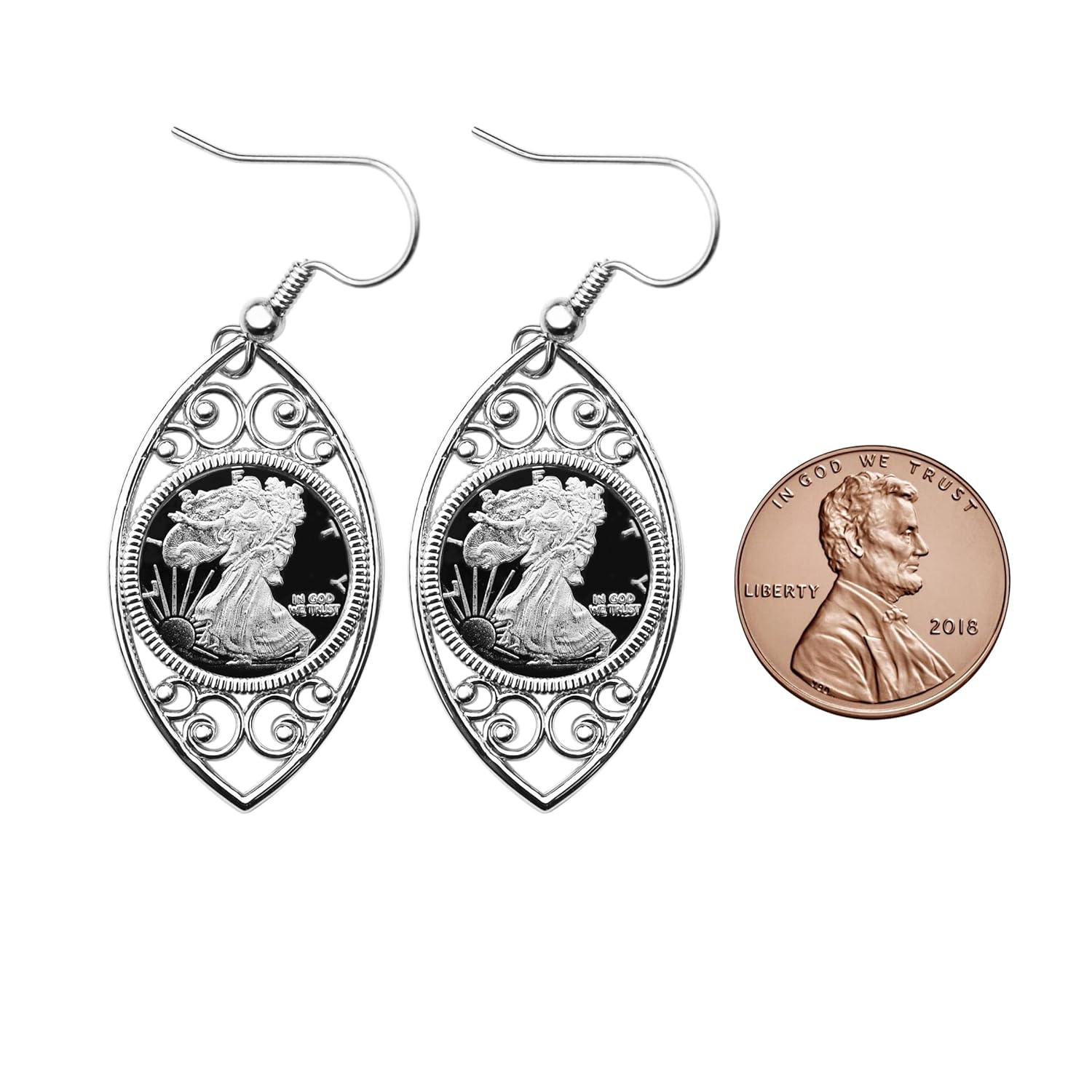 Walking Liberty 1 Gram .999 Fine Silver Coin 925 Sterling Silver Evil Eye Design Earrings