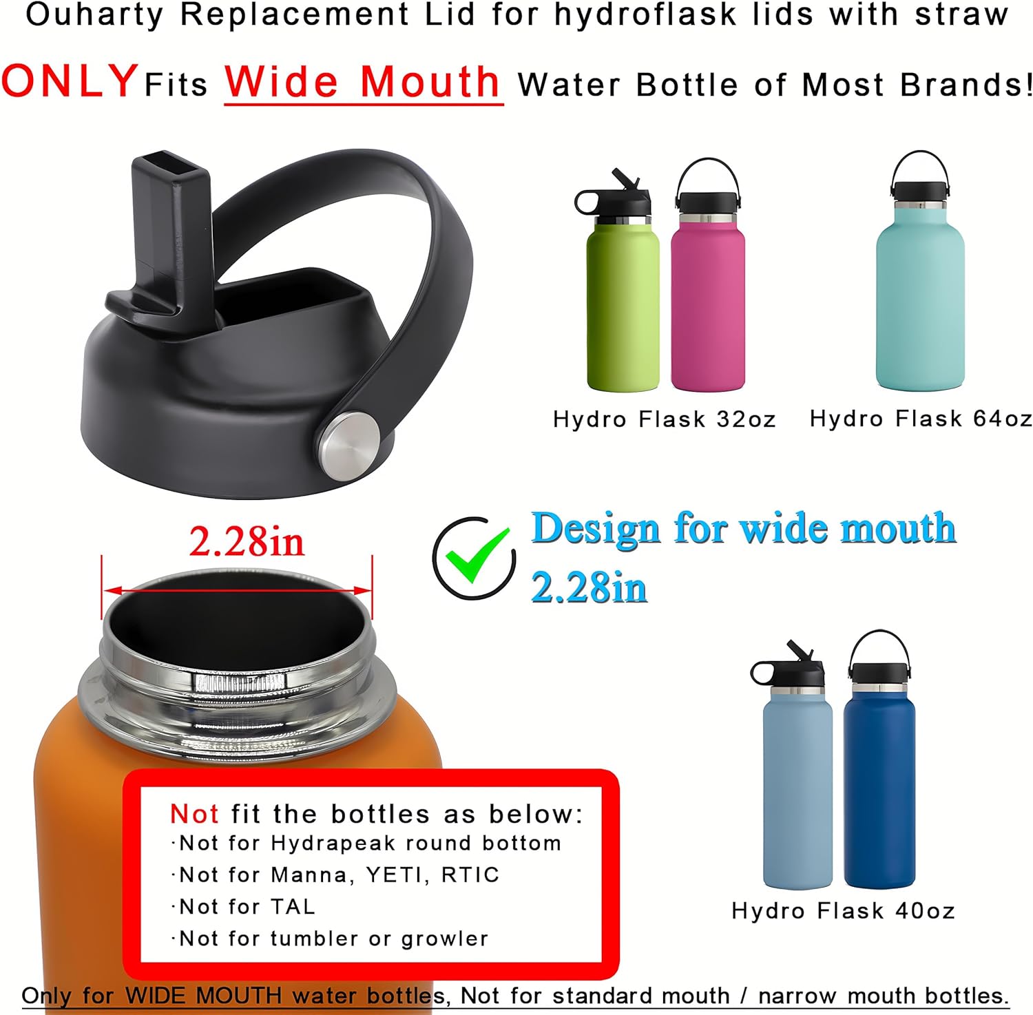 Ouharty Tapa de boquilla para botellas de agua Hydroflask de boca ancha, tapas de popote de repuesto para botella de agua Hydro Flask de boca ancha