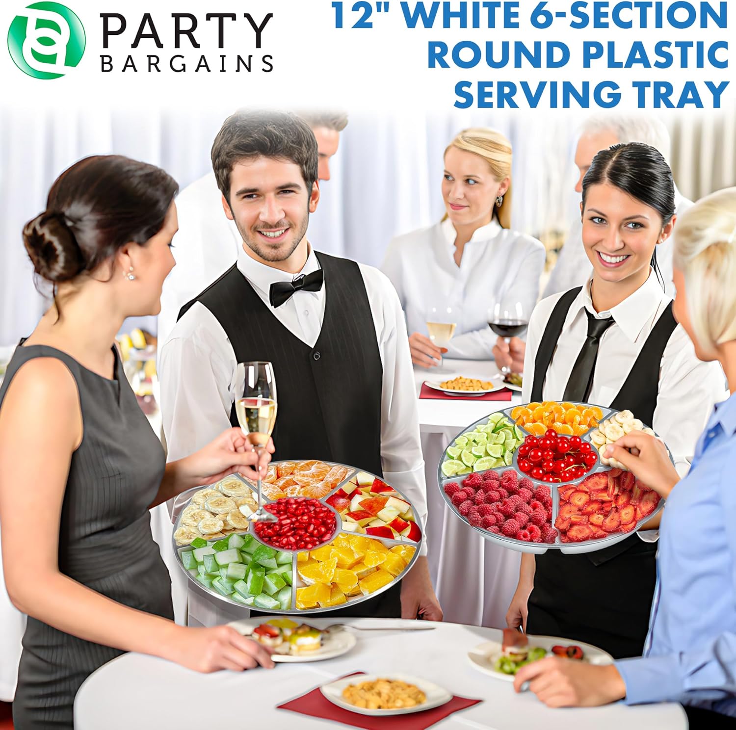 PARTY BARGAINS Bandeja redonda de plástico de 6 secciones, 12 pulgadas, color blanco con borde plateado, paquete de 1, platos reutilizables para