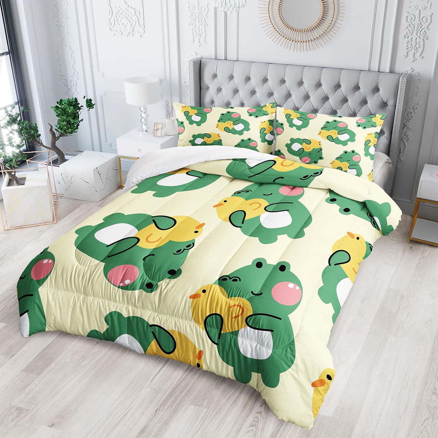 Juego de edredón de 3 piezas con estampado de rana de dibujos animados y 2 fundas de almohada, suave y ligero, para todas las estaciones