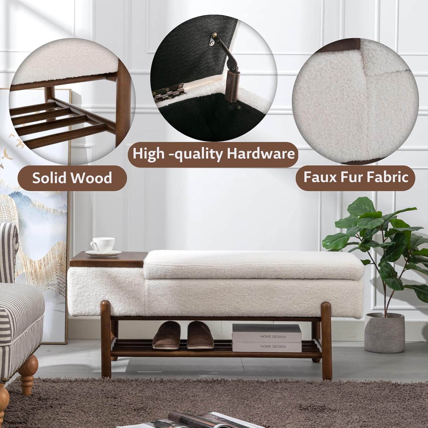 ROCITY Banco de sherpa beige para dormitorio, extremo de la cama, banco otomano de almacenamiento tapizado, banco de almacenamiento moderno con