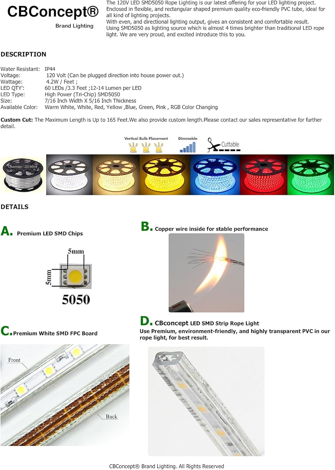 CBConcept Listado UL, 50 pies, súper brillante 13500 lúmenes, 3000 K blanco cálido, regulable, tira de luz LED plana flexible de 110-120 V CA, 930
