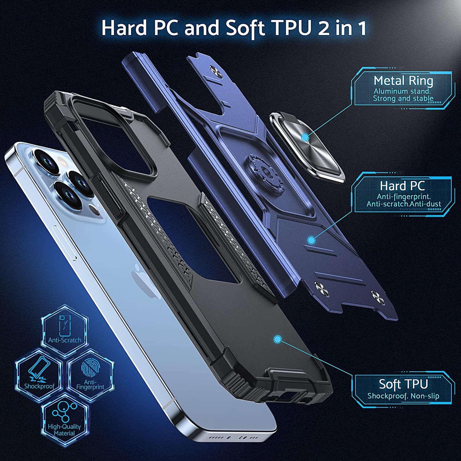 Anqrp Diseñada para iPhone 13 Pro, funda protectora de grado militar con anillo de metal mejorado soporte magnético compatible con iPhone 13 Pro