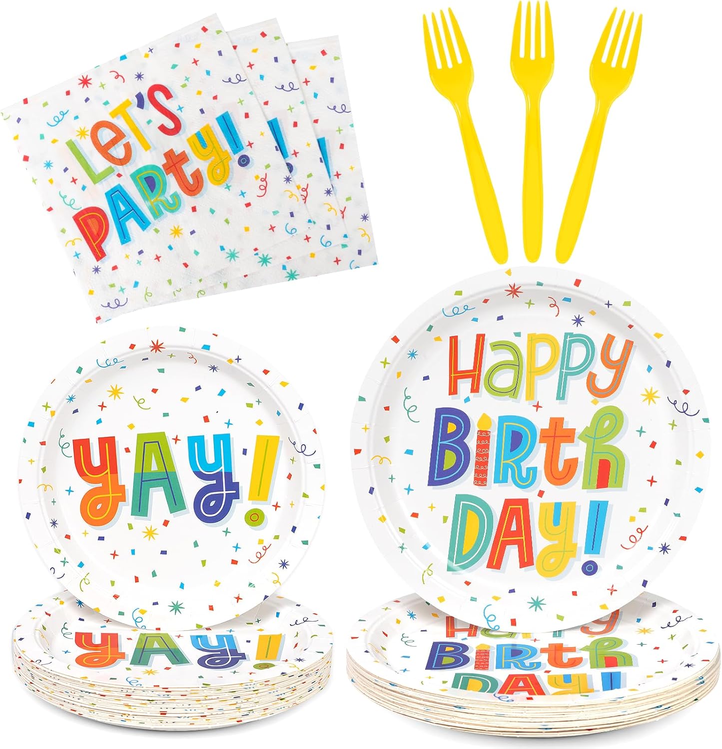 DECORLIFE Platos y servilletas de feliz cumpleaños, suministros para fiesta de 24, suministros de fiesta de cumpleaños incluyen tenedores para