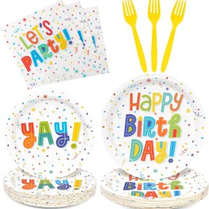 DECORLIFE Platos y servilletas de feliz cumpleaños, suministros para fiesta de 24, suministros de fiesta de cumpleaños incluyen tenedores para DECORLIFE Platos y servilletas de feliz cumpleaños, suministros para fiesta de 24, suministros de fiesta de cumpleaños incluyen tenedores para