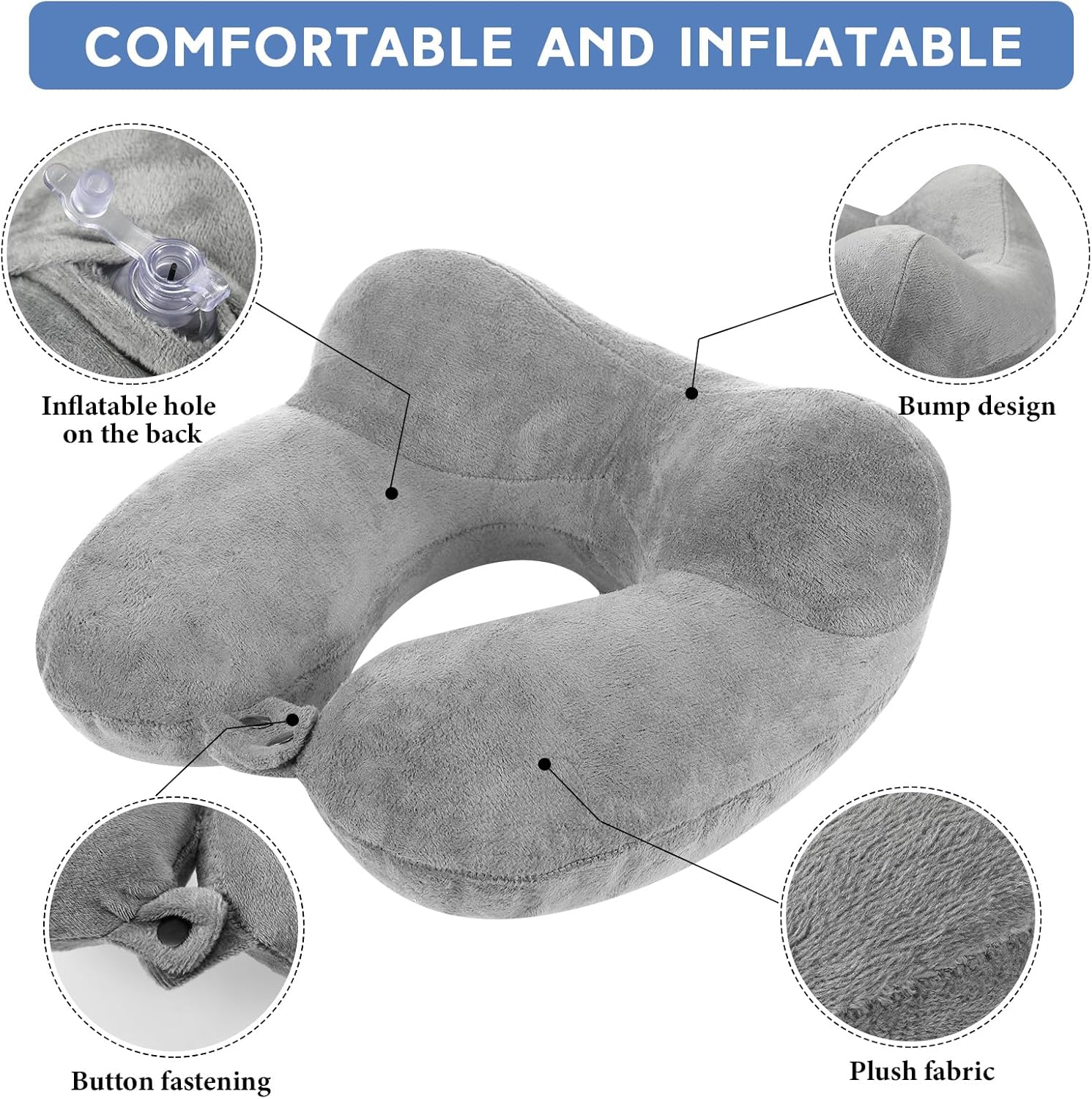 Paquete de 2 almohadas inflables de viaje para aviones, almohadas inflables para el cuello con bolsa compacta y almohada de vuelo suave para viajes,