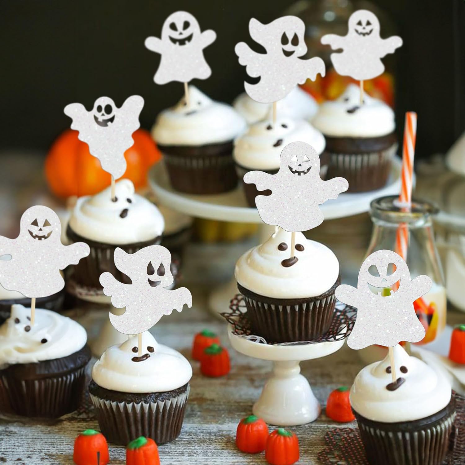 Gyufise 24 adornos de Halloween para cupcakes de fantasma, purpurina blanca, espeluznante, Halloween, baby shower, decoración para Halloween,
