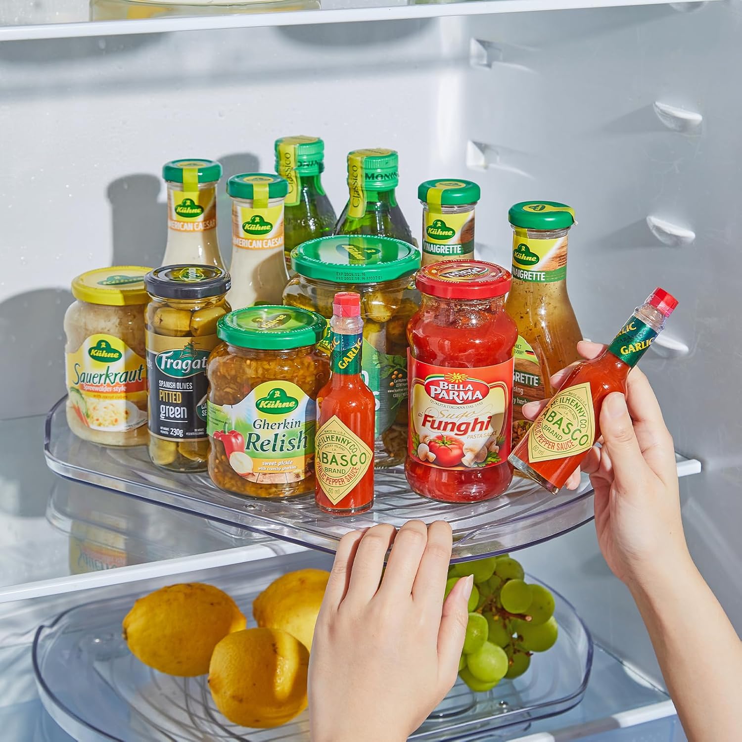 Organizador de tocadiscos Race Track para refrigerador, 15.67 pulgadas, transparente, giratorio de 360, organizador y almacenamiento para