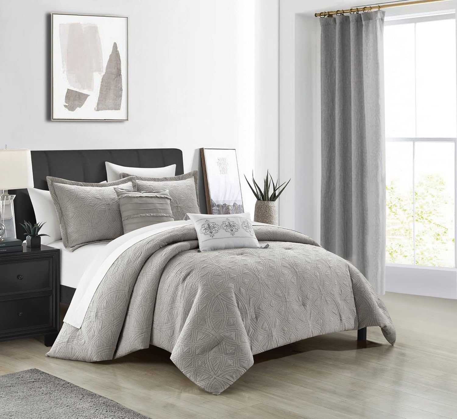 New York & Company Artista – Juego de edredón de 5 piezas de mezcla de algodón jacquard con diseño geométrico, fundas de almohada decorativas