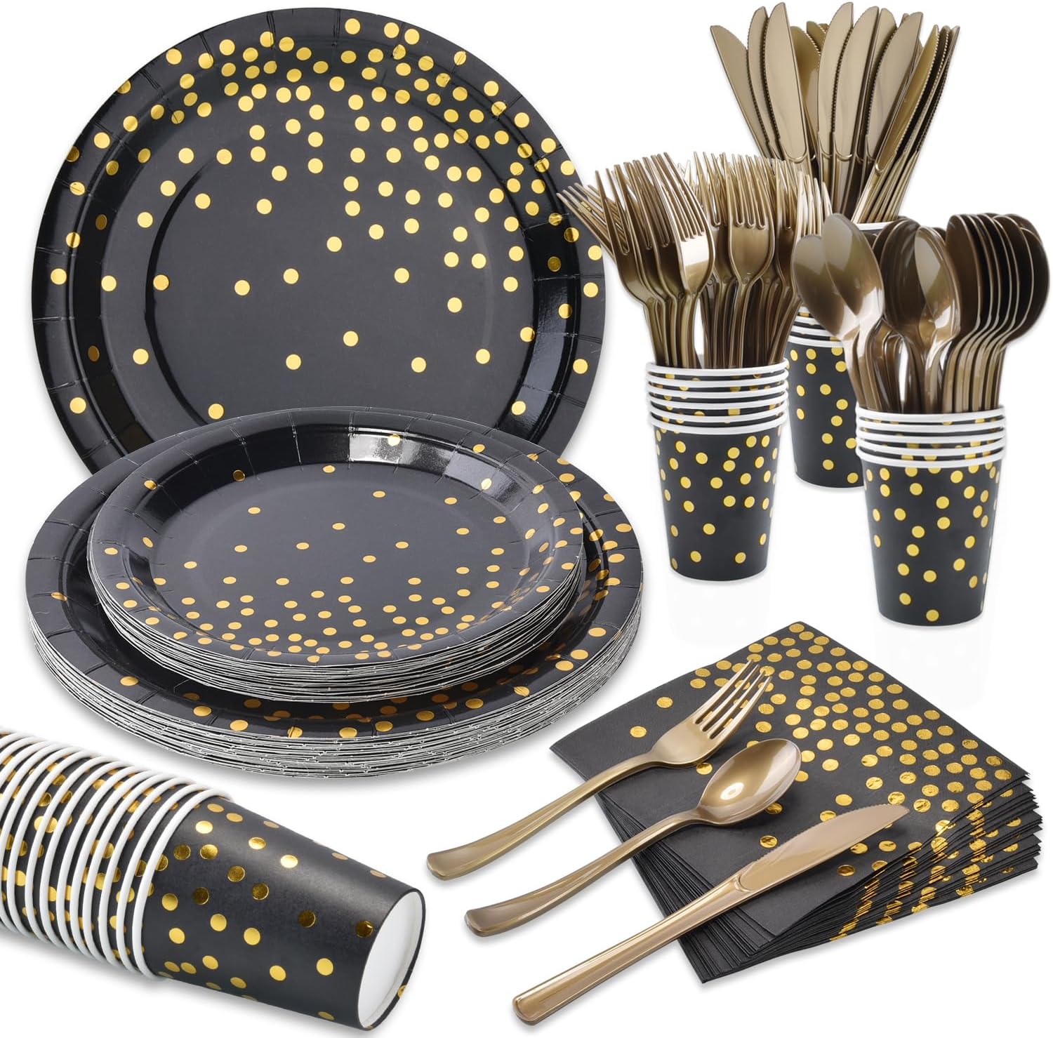 Suministros de fiesta negros y dorados, juego de vajilla desechable de 105 piezas, sirve 15, platos de papel negro, servilletas, vasos, tenedores de