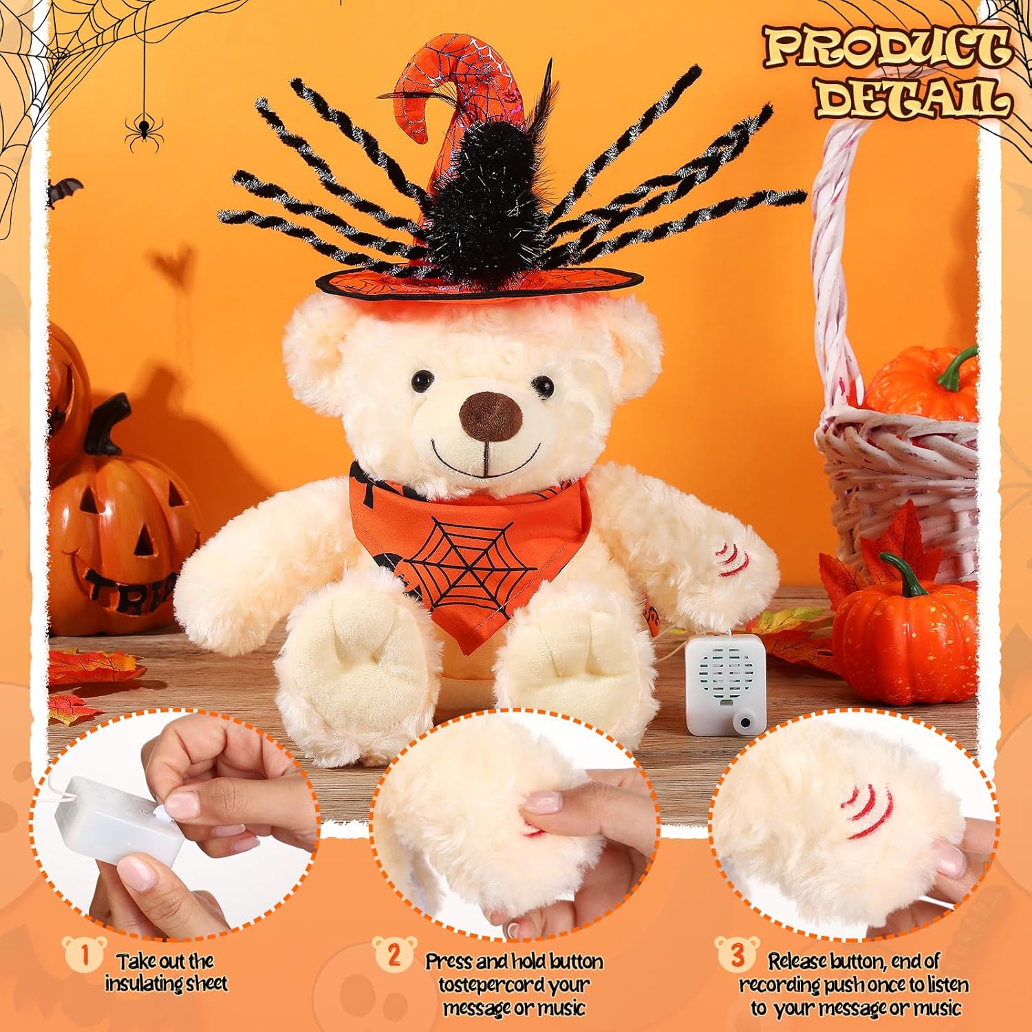 Juego de animales de peluche de oso de Halloween con grabadora de voz, lindo oso de Halloween de 12 pulgadas con sombrero de grabadora de voz y