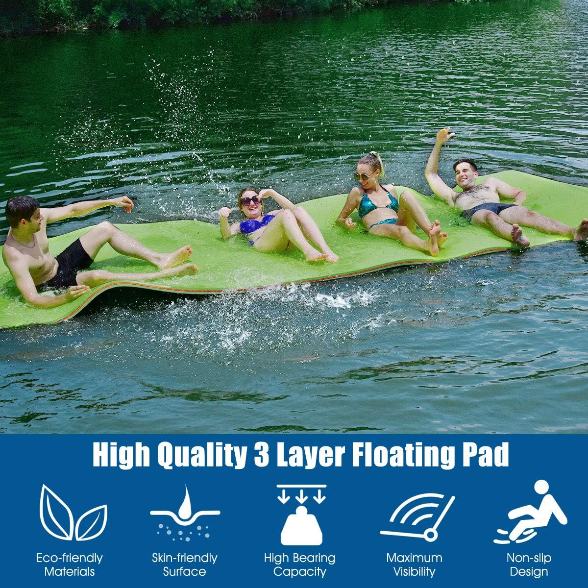 Goplus Almohadilla de agua flotante de 12 x 6 pies, alfombrilla de espuma XPE de 3 capas resistente al desgarro, con dispositivo de amarre y correas