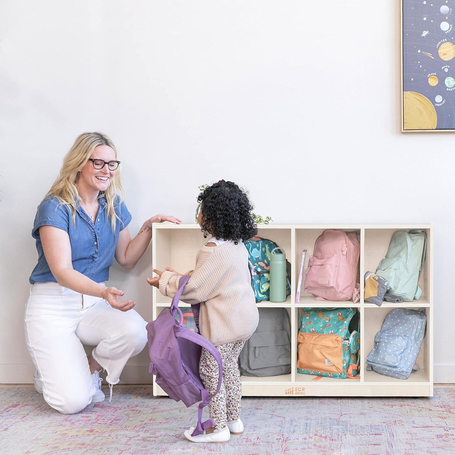 ECR4Kids Gabinete de almacenamiento movible de 8 compartimientos para mochilas, muebles de aula, color blanco lavado