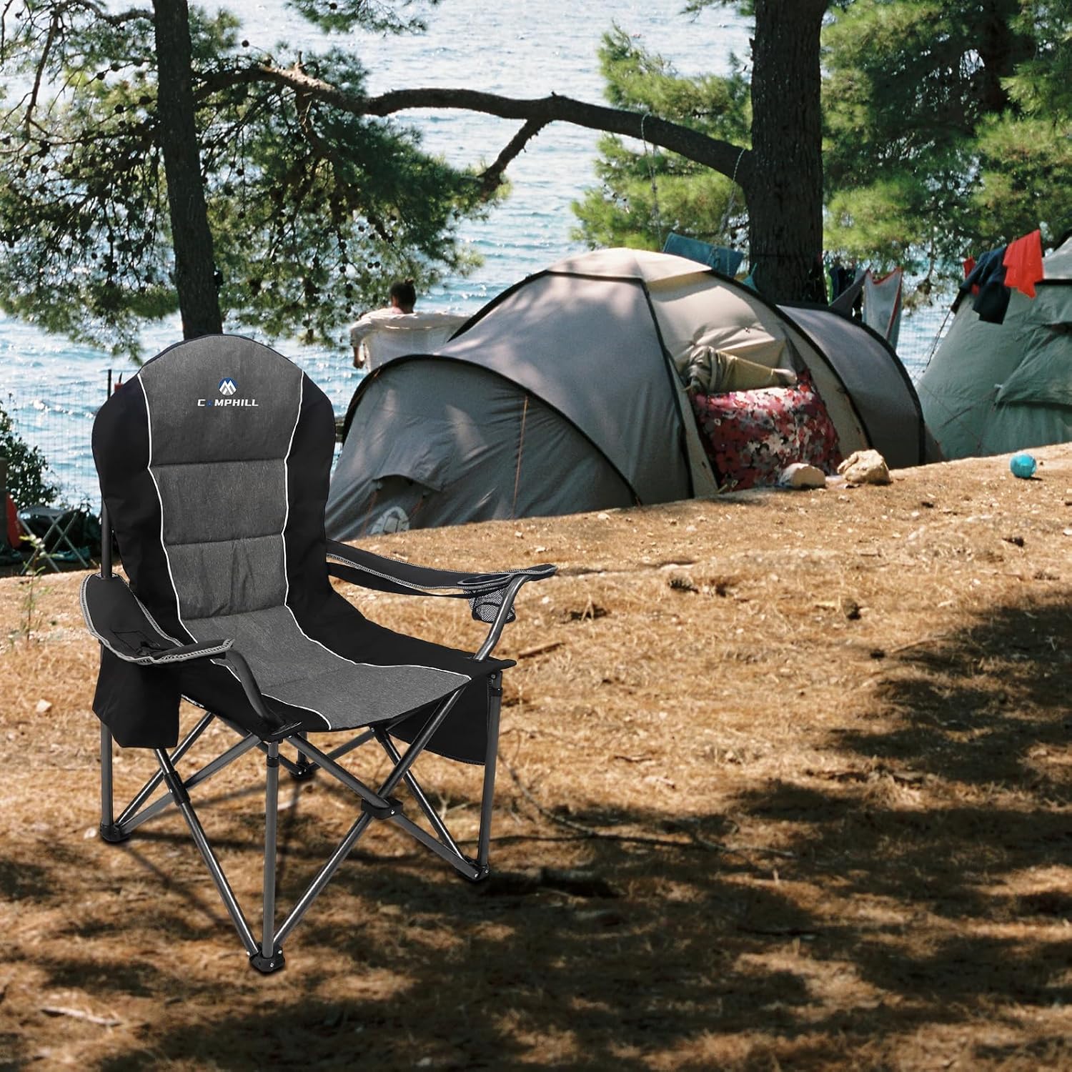 Silla de camping, sillas de camping plegables para personas pesadas con portavasos y bolsa enfriadora, silla plegable para acampar con bolsillo para